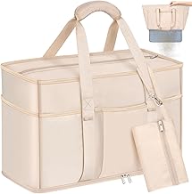BTNEEU Grande Sac de Plage XXL Famille 45L Sacs de Voyage Pliable 50x35x20cm Multi-Poche Nylon Sacs Weekend avec Fermeture Éclair Poche Intérieure Sac de Rangement pour Jouets Sacs de Courses (Kaki)