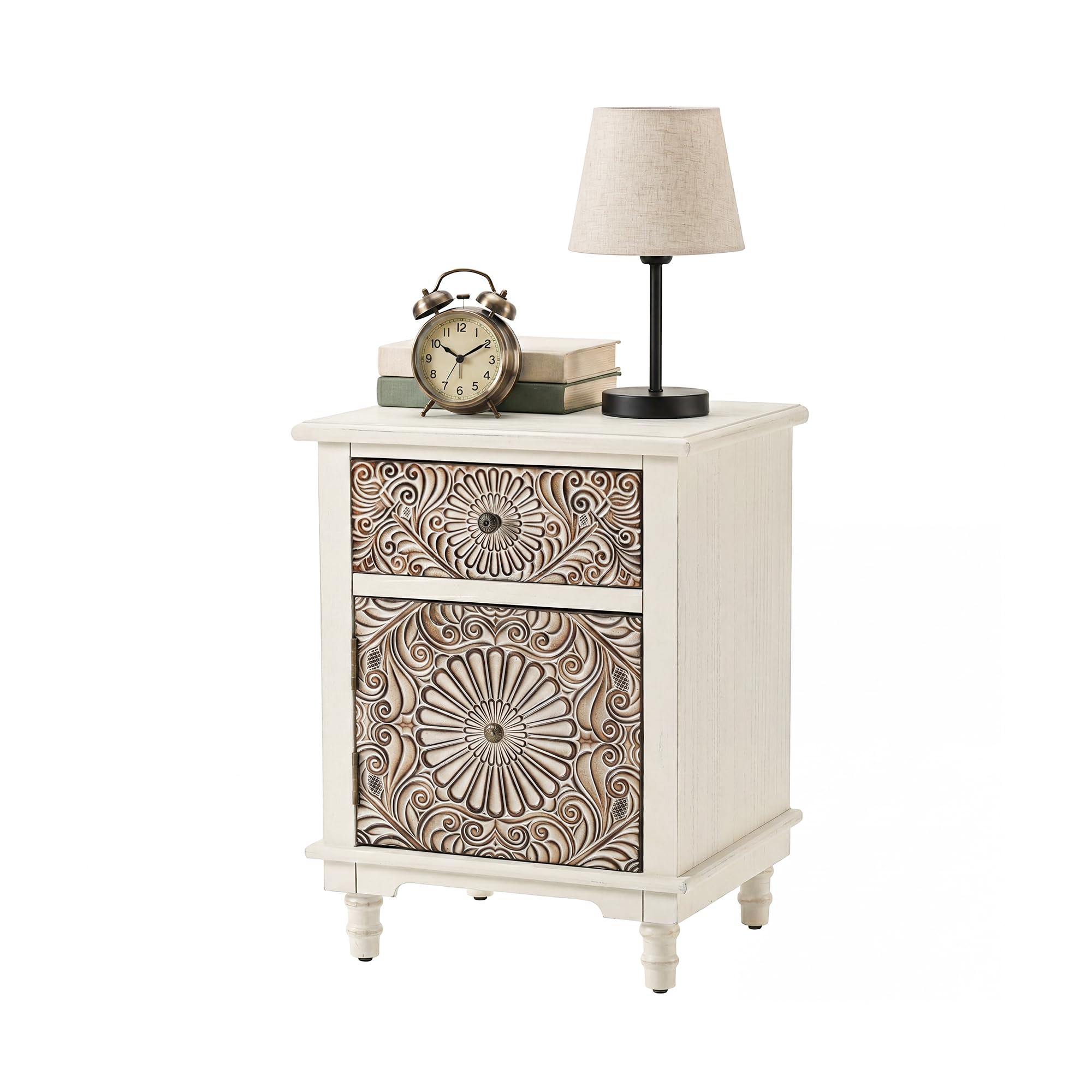 HOMPUS White Nightstand with Drawer &amp; Storage, Fully-Assembled Flower Motif Night Stand for Small Spaces, 2 Drawer End Table with Storage for Living Room, Bedroom, Distress White