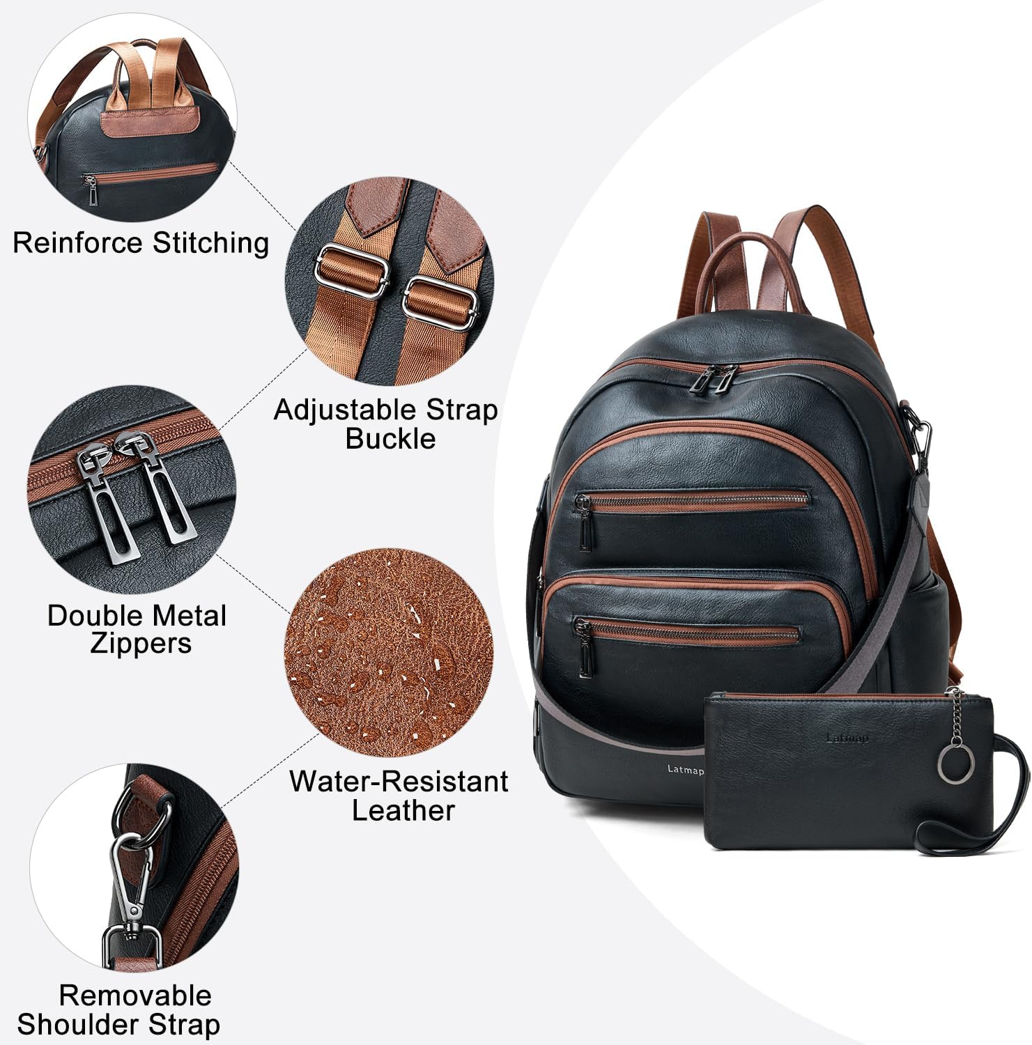 Backpack Purse for Women Laptop Backpack, Leather Travel Backpack Shoulder Bag Teacher College Daypack Work Handbag fits 14" Laptop-Black with Brown