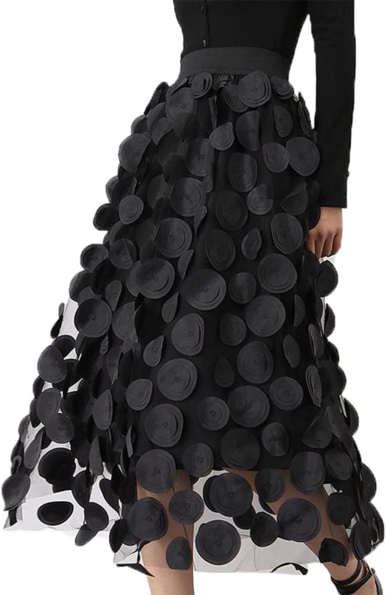 Llecdaseui Women's Black Tulle Polka Dot Skirt 3D Elastic Waist Mesh Flowy A-Line Midi Skirts Layered Bubble Skirts Wedding Halloween Party Outfit (One Size,)