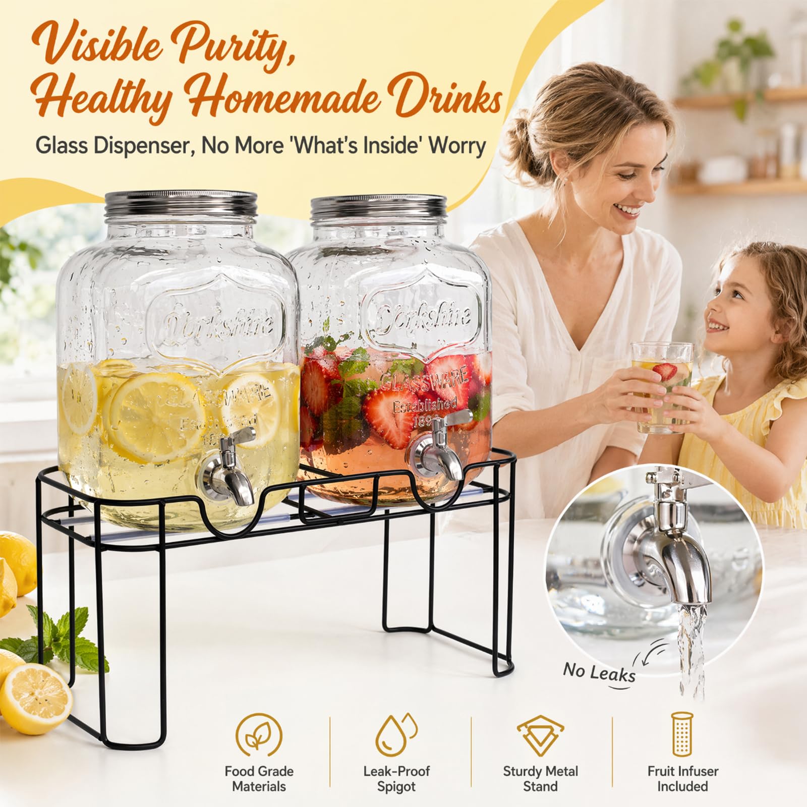 2 x 6L Glas-Getränkespender mit Ständer, Getränkespender, Glas-Wasser-Saft-Spender mit Zapfhahn aus massivem Edelstahl für geeiste Säfte, Wasser, hausgemachte Getränke, Partys, Hochzeiten