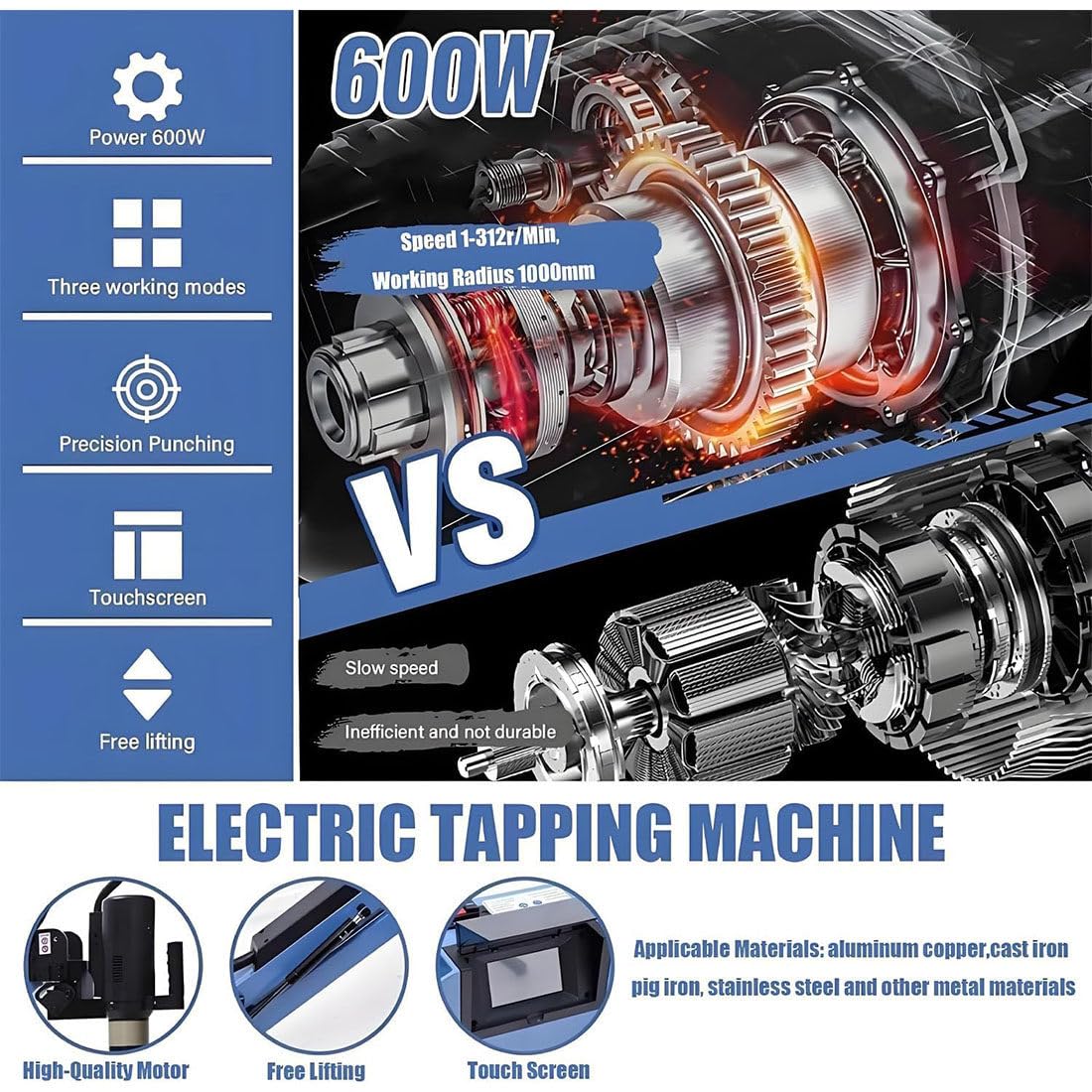Roscadora Eléctrica, Brazo Roscador Universal 312 RPM, Brazo Roscador Flexible De 1000 Mm, Roscadora Vertical, Taladro/Roscadora, Pantalla Táctil Inteligente, 8 Pinzas (M3-M16) Blue