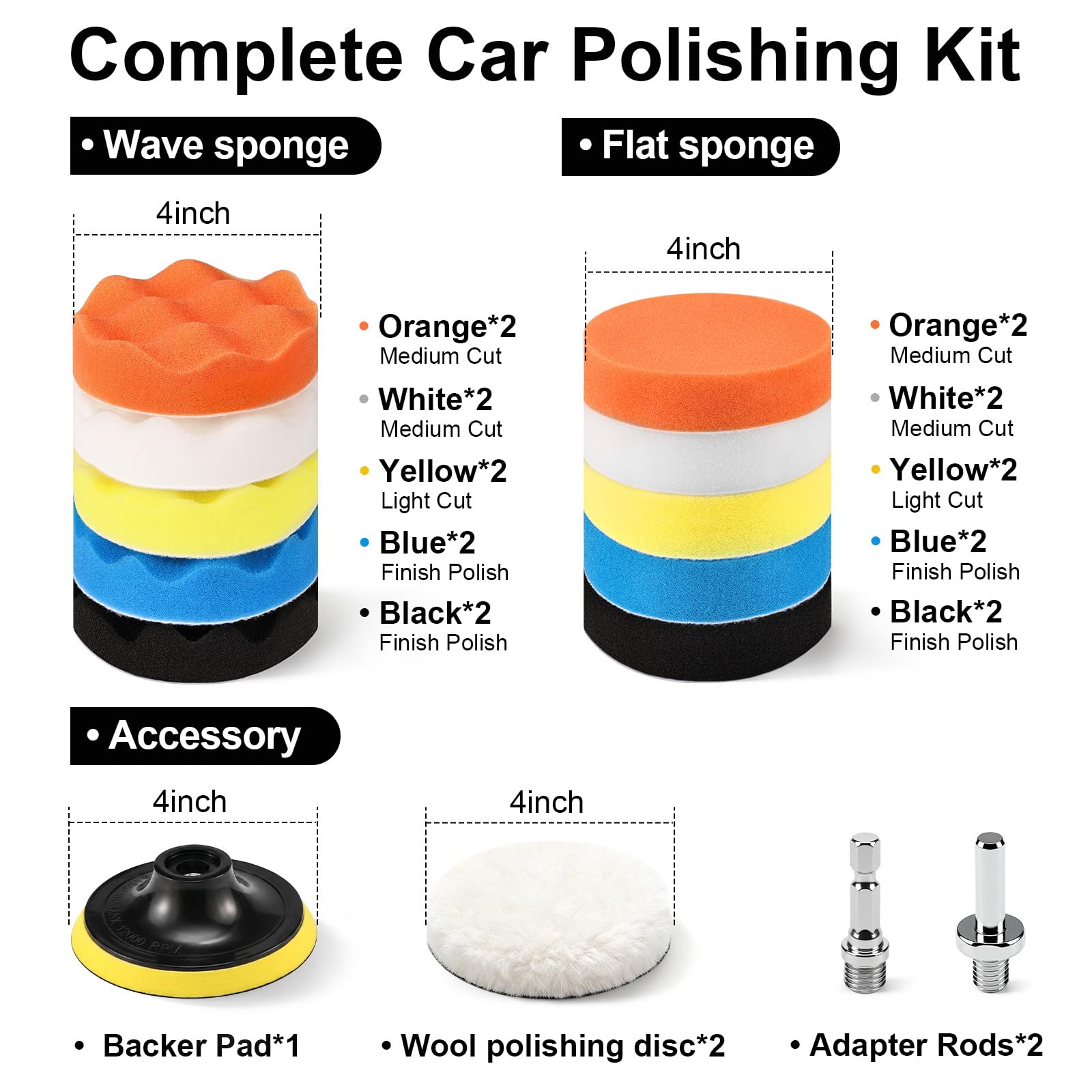 GOH DODD Kit de almohadillas de pulido para taladro de espuma para coche, 4 pulgadas, 24 piezas, almohadillas de lana, placa de respaldo, adaptador de taladro M10 para lavado, limpieza y encerado