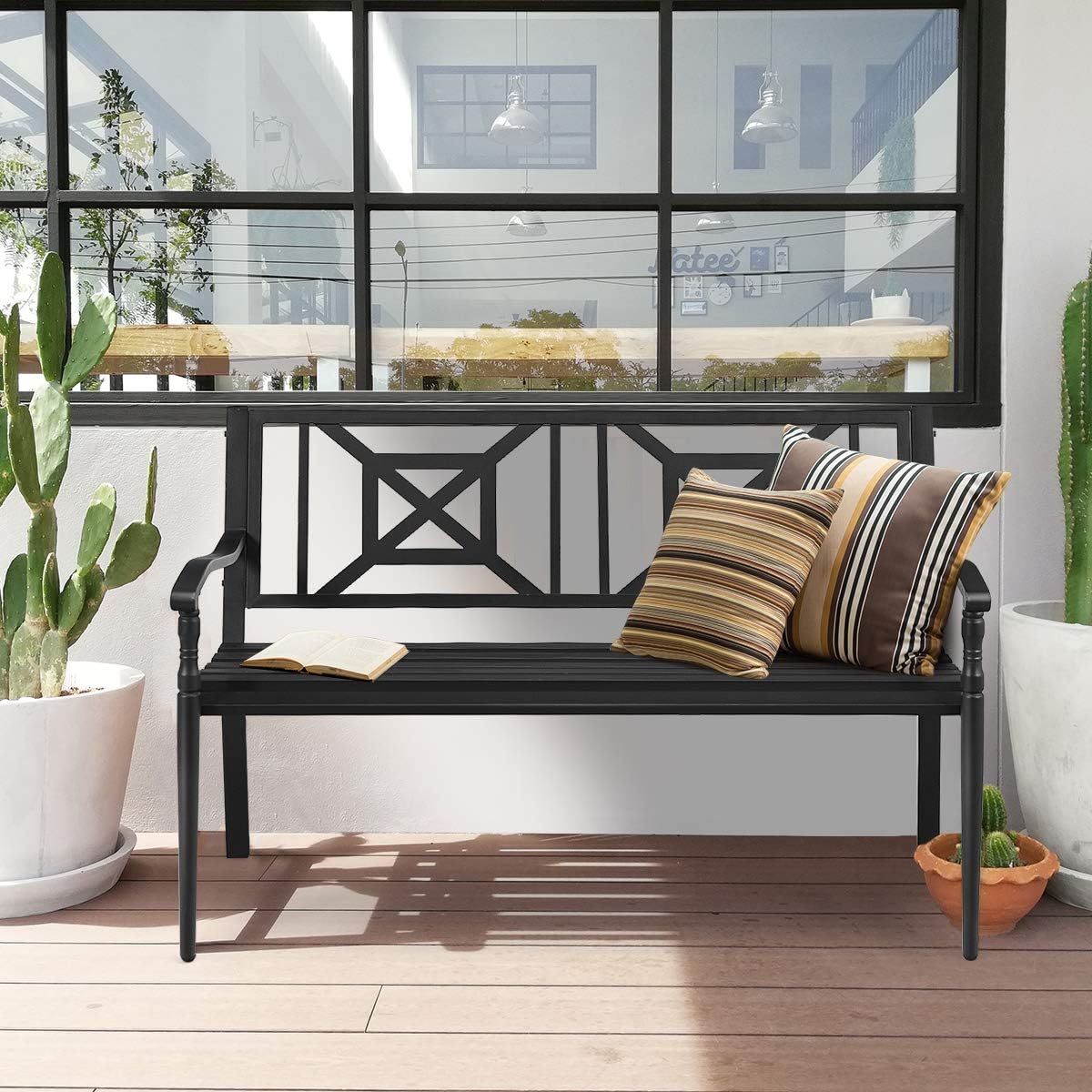 S AFSTAR Outdoor Garden Bench, Metal Porch Bench Seat with Slated Seat & Decorative Backrest, 2-Person Loveseat for Patio Garden, Powder Coated Iron Frame, Patio Bench Front Door Bench for Outside