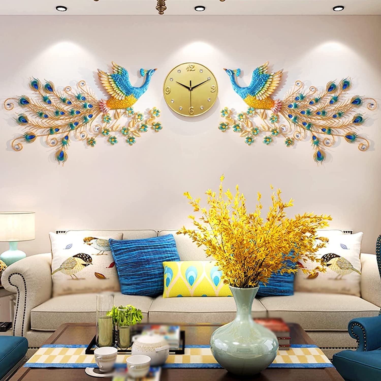 SaryEdge Wall Clock Art Metal Peacock Wall Clock for Living Room Decor, 195 * 54Cm Silent Non-Ticking Modern Creative Wall Decoration Quartz Clock for Bedroom Kitchen Entrance Off,