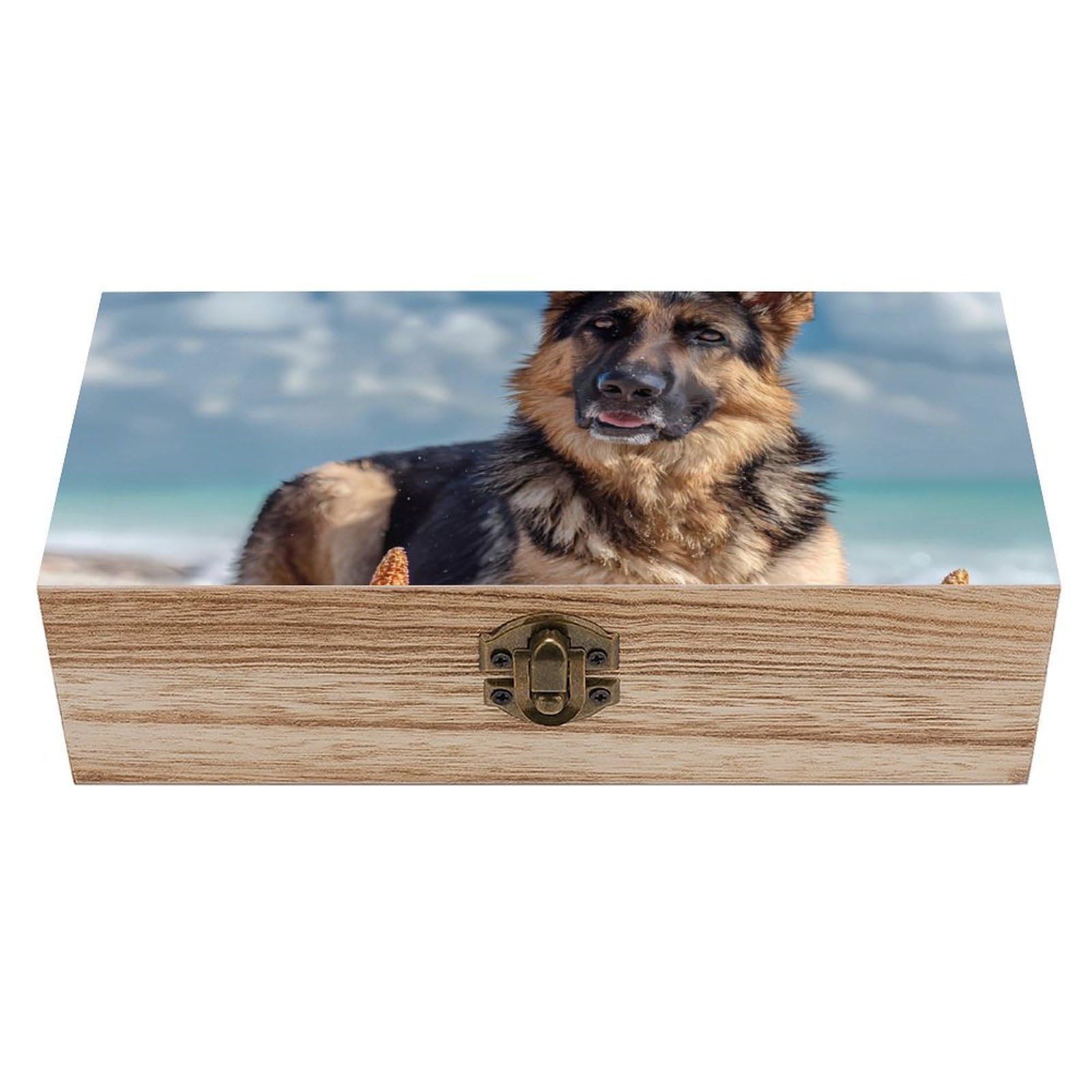 HLBSDM German Shepherd Dog Beach Wooden Box with Hinged Lid Decorative Storage Case Container