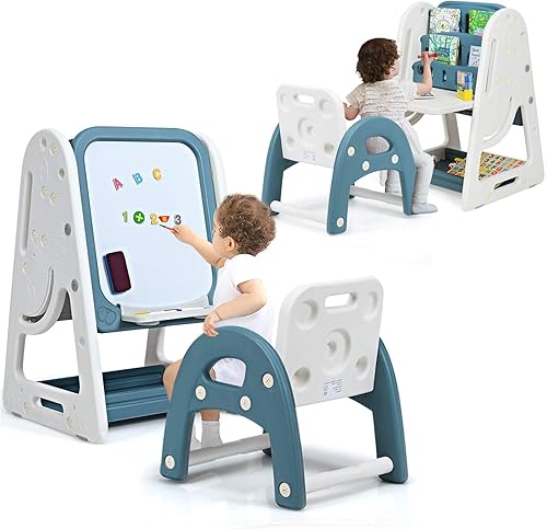 Costzon Caballete de arte 3 en 1 para niños, pizarra magnética de borrado en seco de doble cara y estante para libros para niños con silla y