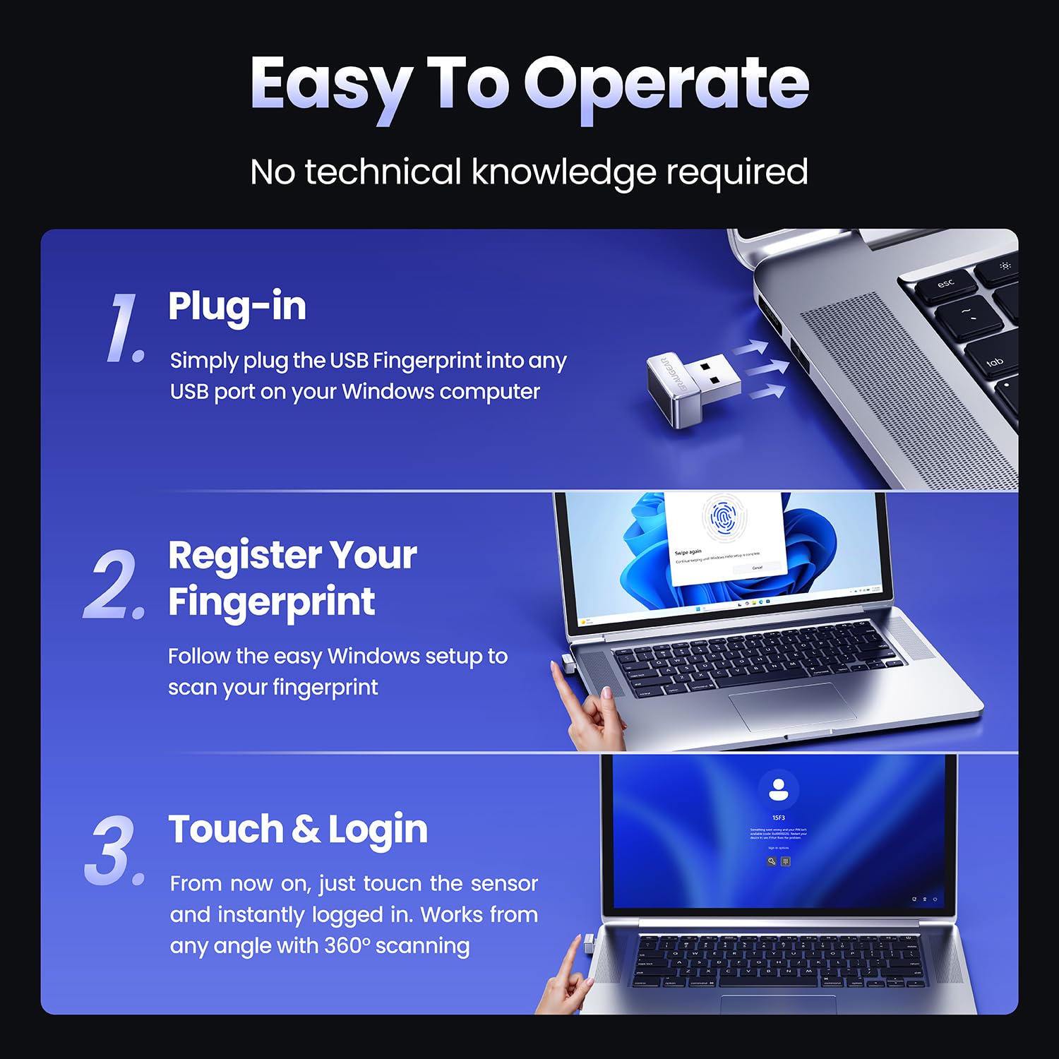 GRAUGEAR Capteur d'empreintes digitales USB pour PC [Keylogger] Fingerprint USB Passkey | Serrure biométrique tactile à 360° pour PC, prend en charge Windows 11 Hello, jusqu'à 10 empreintes par compte utilisateur