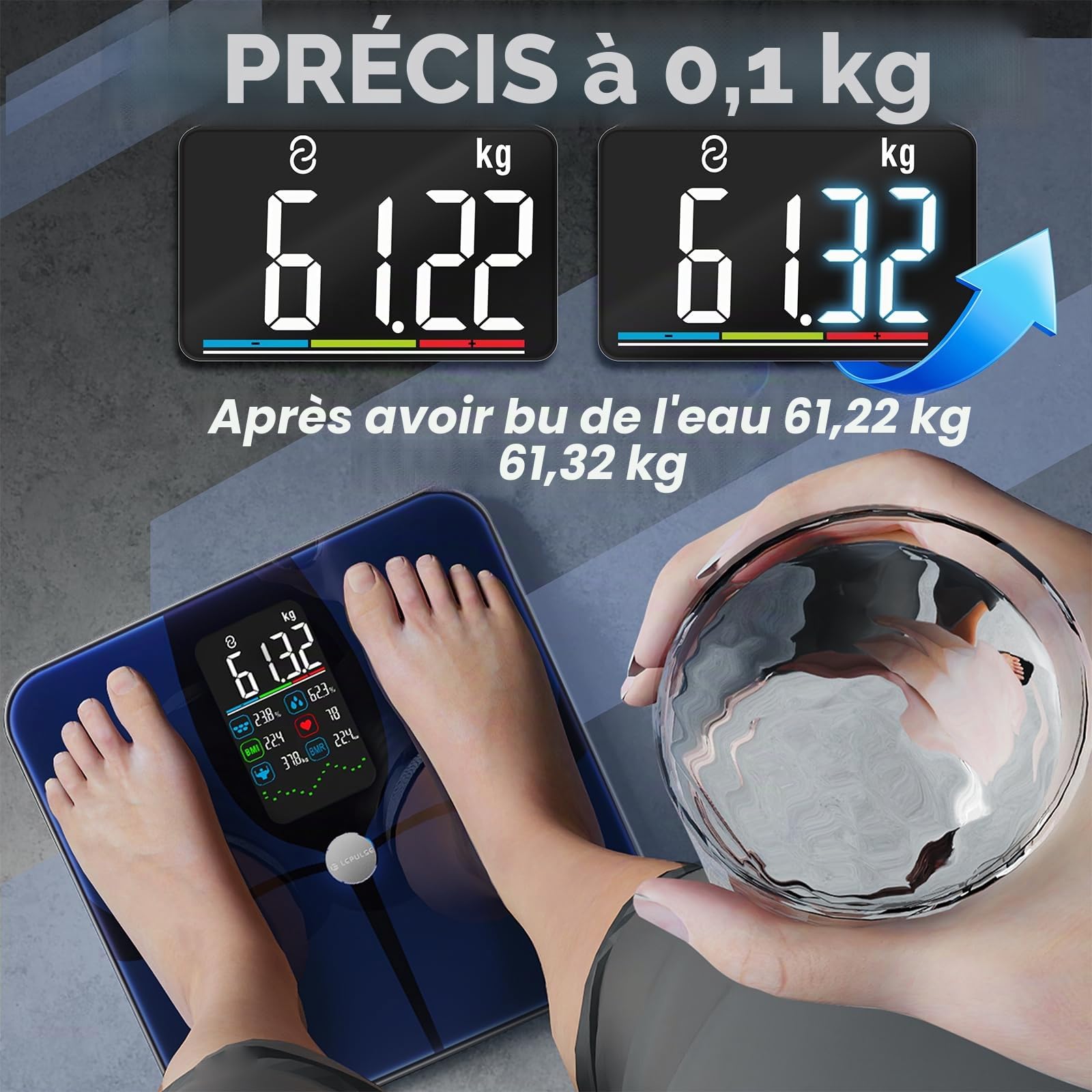 Balance Pese Personne Connectée Impédancemètre, 4,68" Grand écran VA, 22 Métriques, Fréquence Cardiaque, Balance Masse Graisseuse et Musculaire, Port Type-C, App Android/iOS, 180kg/400lb