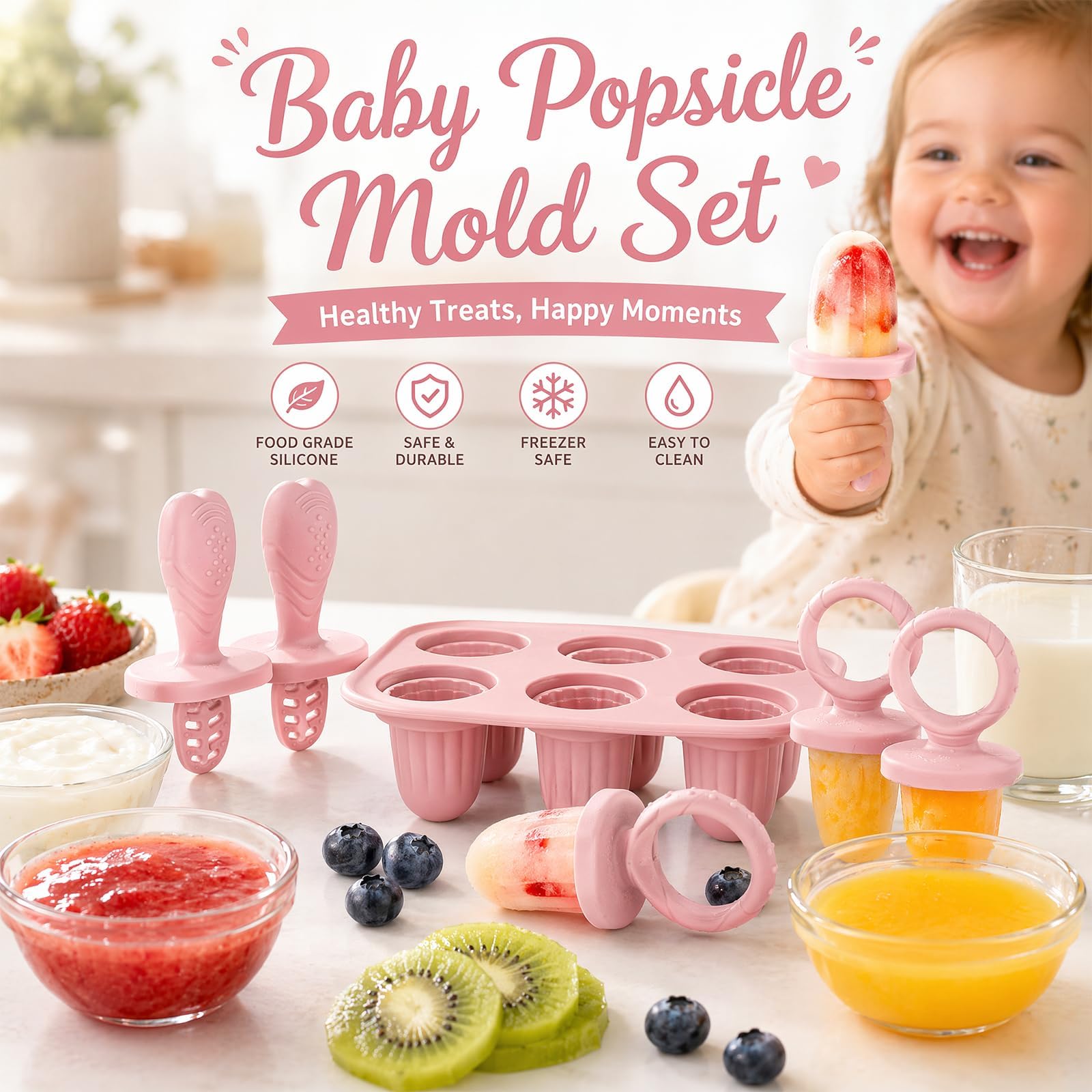 Molde Helado Bebe, 6x 17ml Moldes Helados Silicona Libre De BPA, Moldes Helados Con Palos Dentición, Ideal Para Bebe Manos Pequeñas (Rosa)