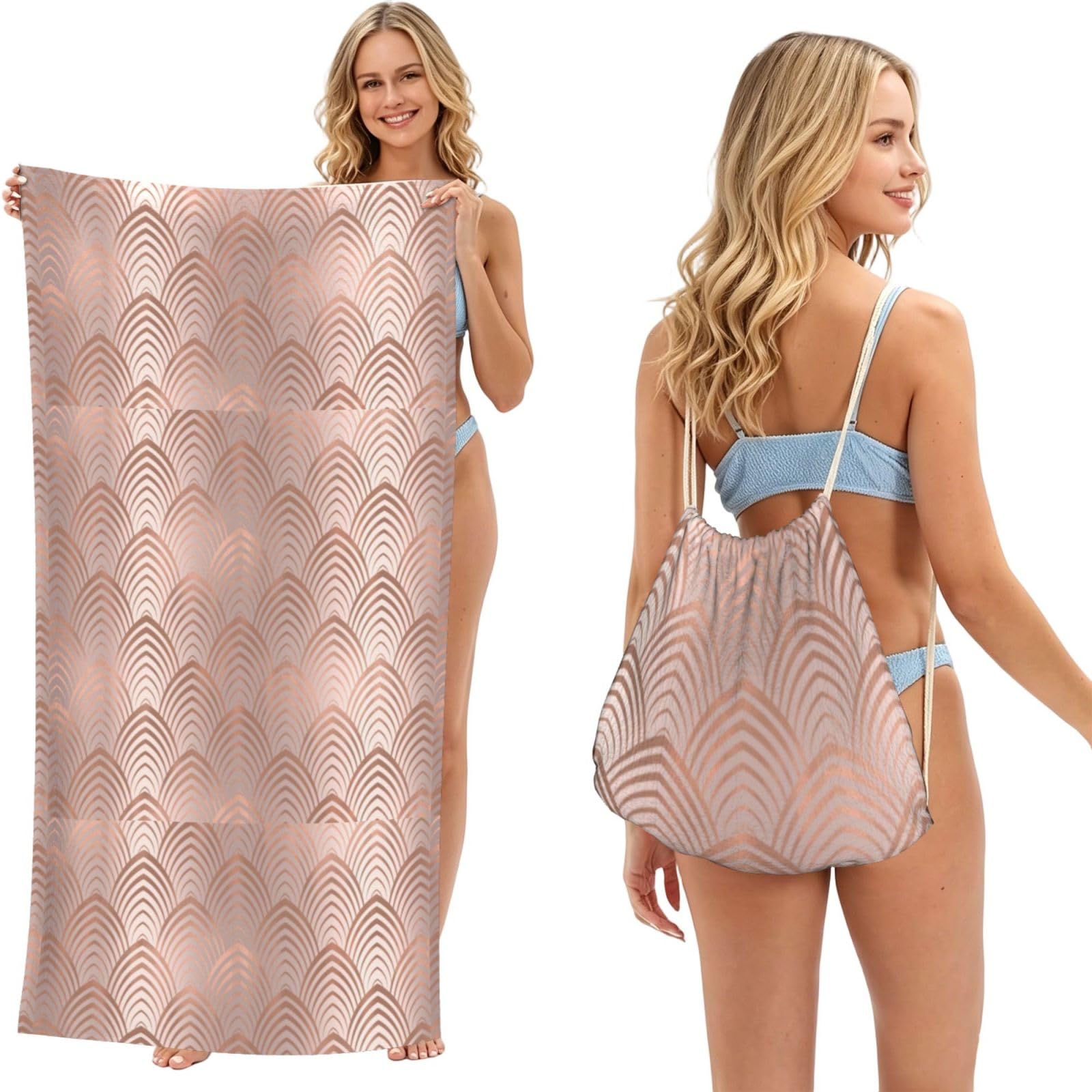 Poadnly As Picture Pink Rose Copper Gray Art Deco Seashells Scales, 2 In 1 Packable Towel Bag, Beach Towels With Drawstring Backpack For Travel Holiday Camping