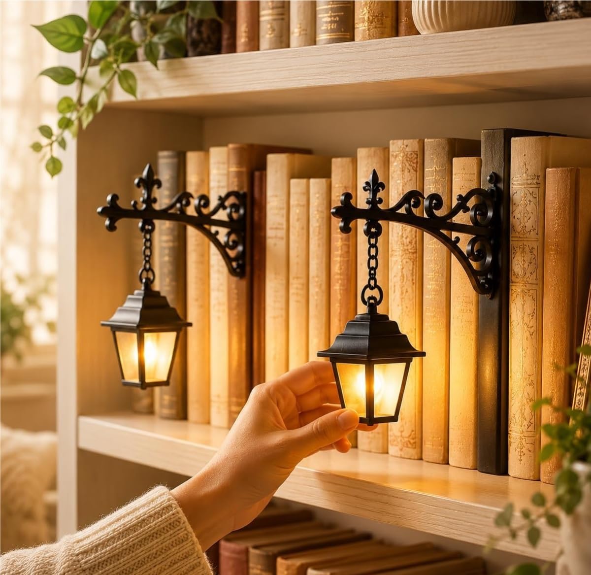 Lampa półkowa, przenośna latarnia biblioteczna w stylu vintage, ciepła lampka nocna LED do kącika do czytania, dekoracyjne światło, prezent dla miłośników książek i czytelników, ozdoba do zakątku