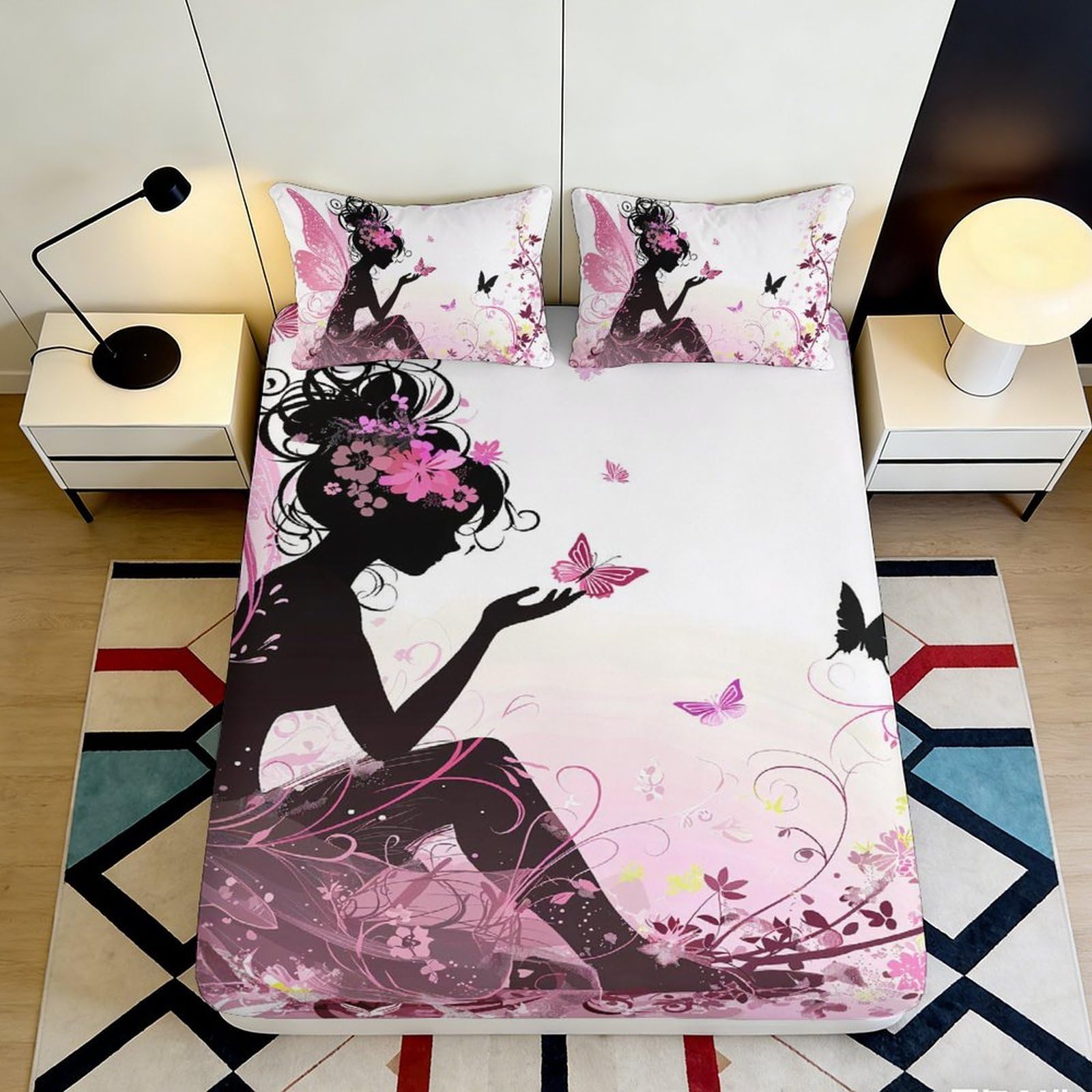Jqzkxnhpbr Style-2 3D Printed Pink Fairy Butterfly Fitted Sheet Microfiber Soft Bed Cover For Bedroom Dorm Room Mattress Protection Decor 90X200x25cm