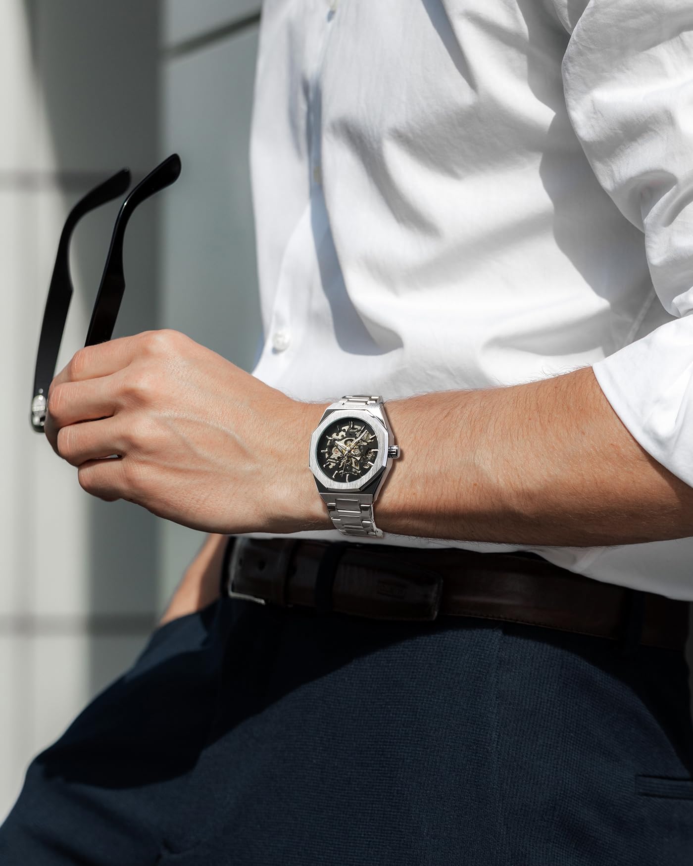 FORSINING Automatikuhr, mechanische Armbanduhr für Herren, achteckig, wasserdicht, modisch, einzigartige Skelettuhren, luxuriöses silbernes Edelstahlband