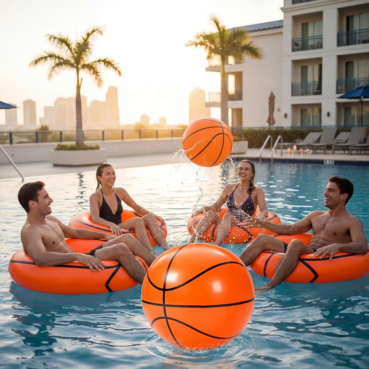 Soulchen 4 Pcs Basketball Inflatable Pool Floats Basketball Swimming Rings with 27" Inflatable Beach Balls Sports Theme Swim Tubes Rings for Adult Summer Sports Ball Decor Swimming Pool Beach Game