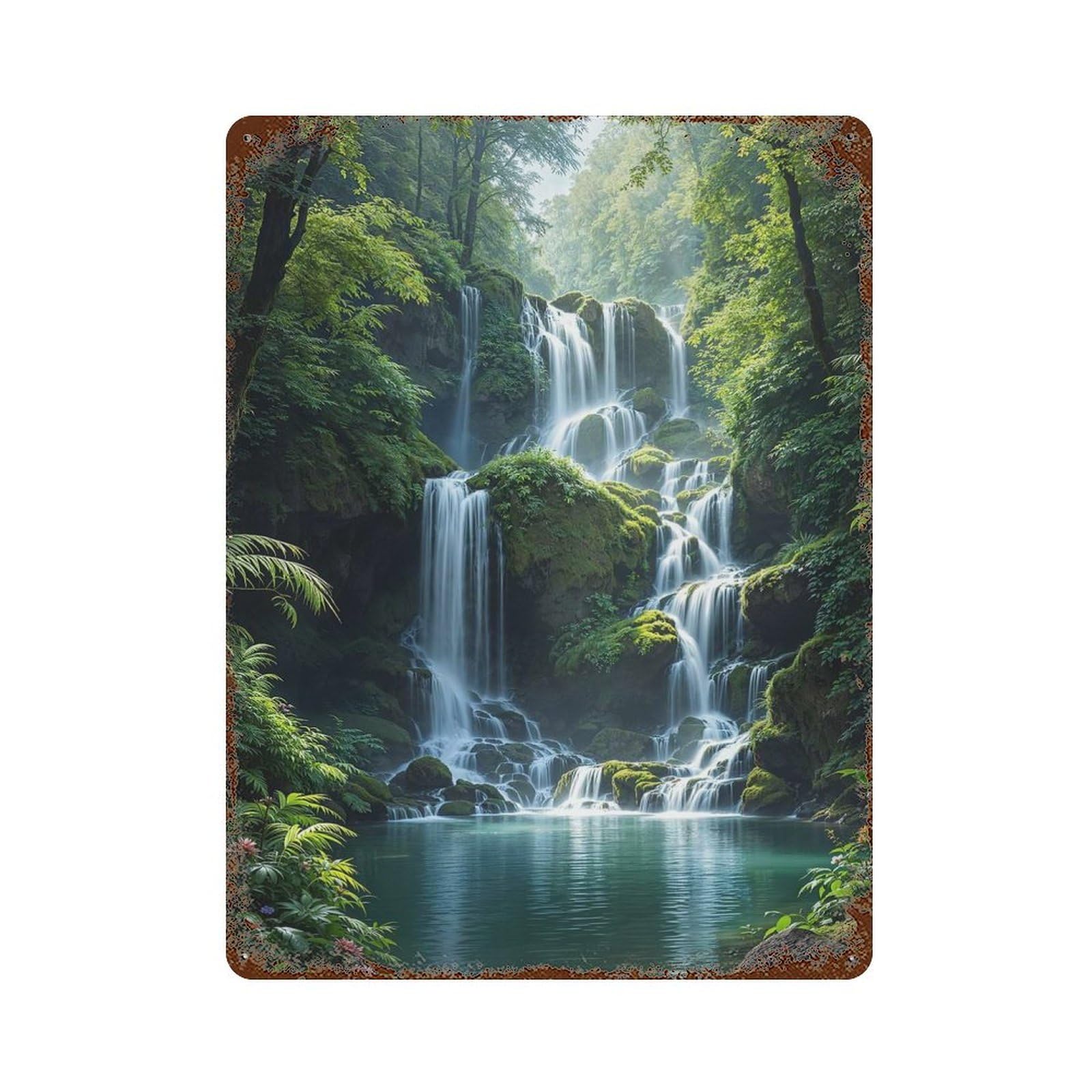 Serene Waterfall in Lush Forest Retro Metal Sign 15.7"x11.8", for Patio, Garden Room And Bar Decor, Vintage Wall Decor