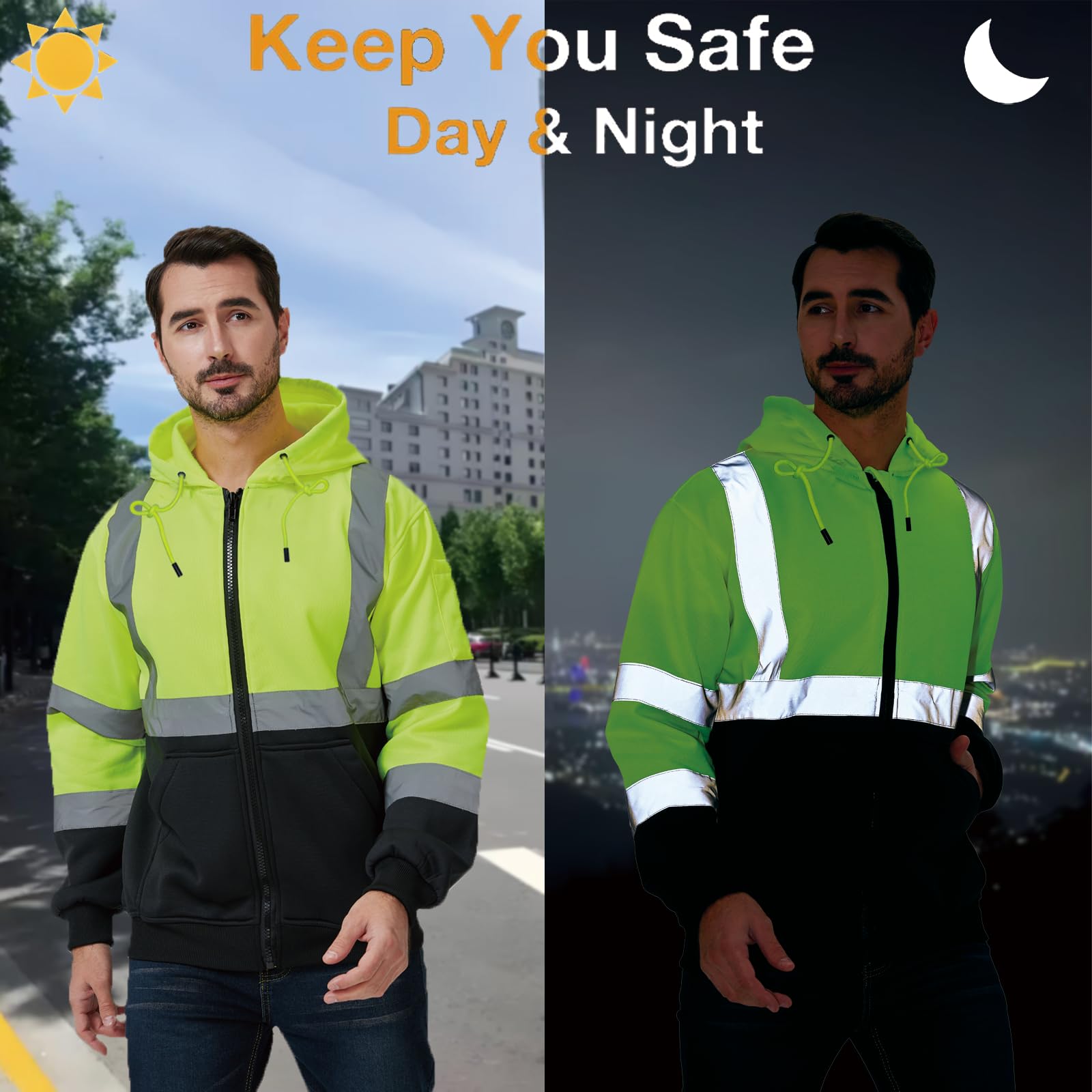 Sudadera con capucha de seguridad de alta visibilidad, reflectante, color amarillo neón y negro, cremallera, Lima, X-Large