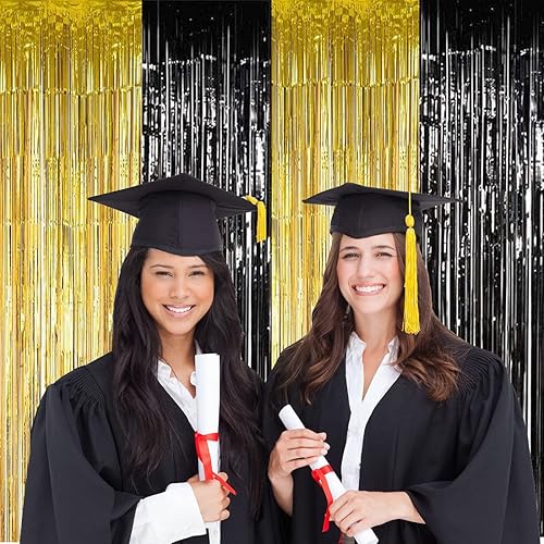 Miniatura 5 de Cortina de flecos de aluminio negro y dorado, 2 cortinas de oropel de 3.28 x 8.2 pies, telón de fondo de fotos para bodas, cumpleaños, despedidas de