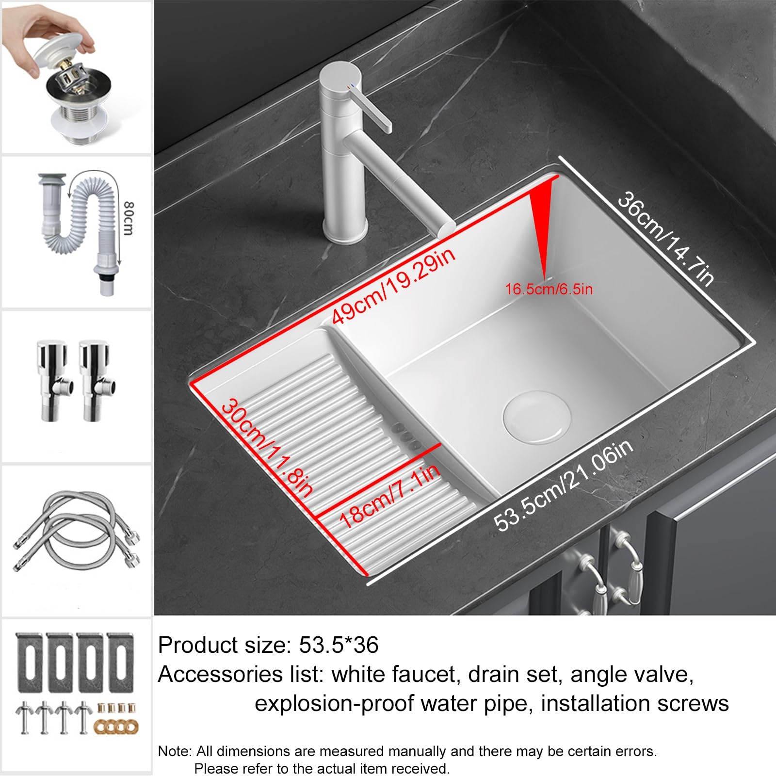 Lavabo in ceramica rettangolare per lavabo da bagno, bianco,Lavandino da bagno sottopiano,vasca lavanderia con asse per lavare,Con rubinetto, valvola ad angolo e scarico, adatto per bagno (Size : 53