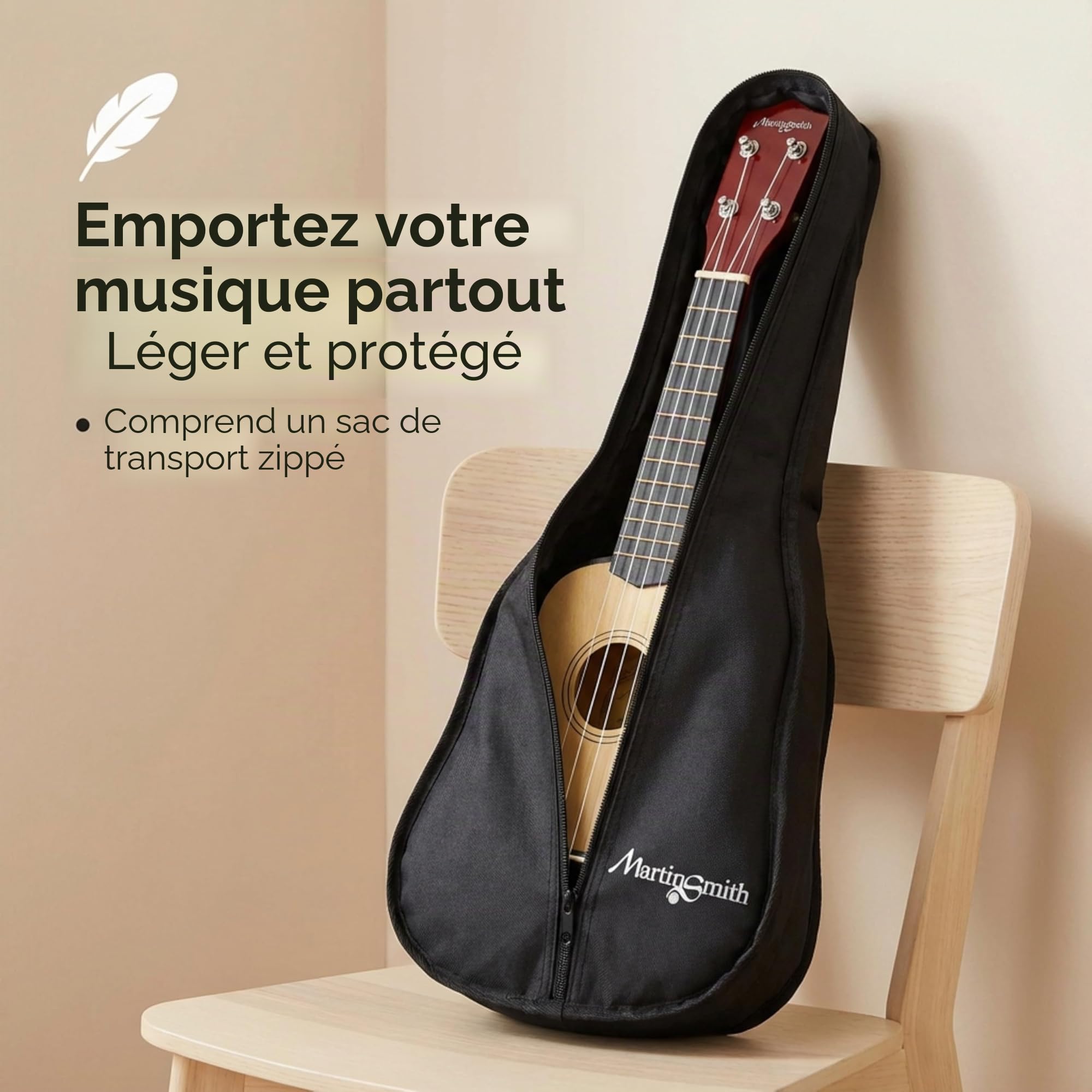 Martin Smith Ukulélé Soprano 21 Pouces, Set Débutant Acoustique 4 Cordes pour Enfants et Adultes avec Housse et Livre d’Accords, Naturel