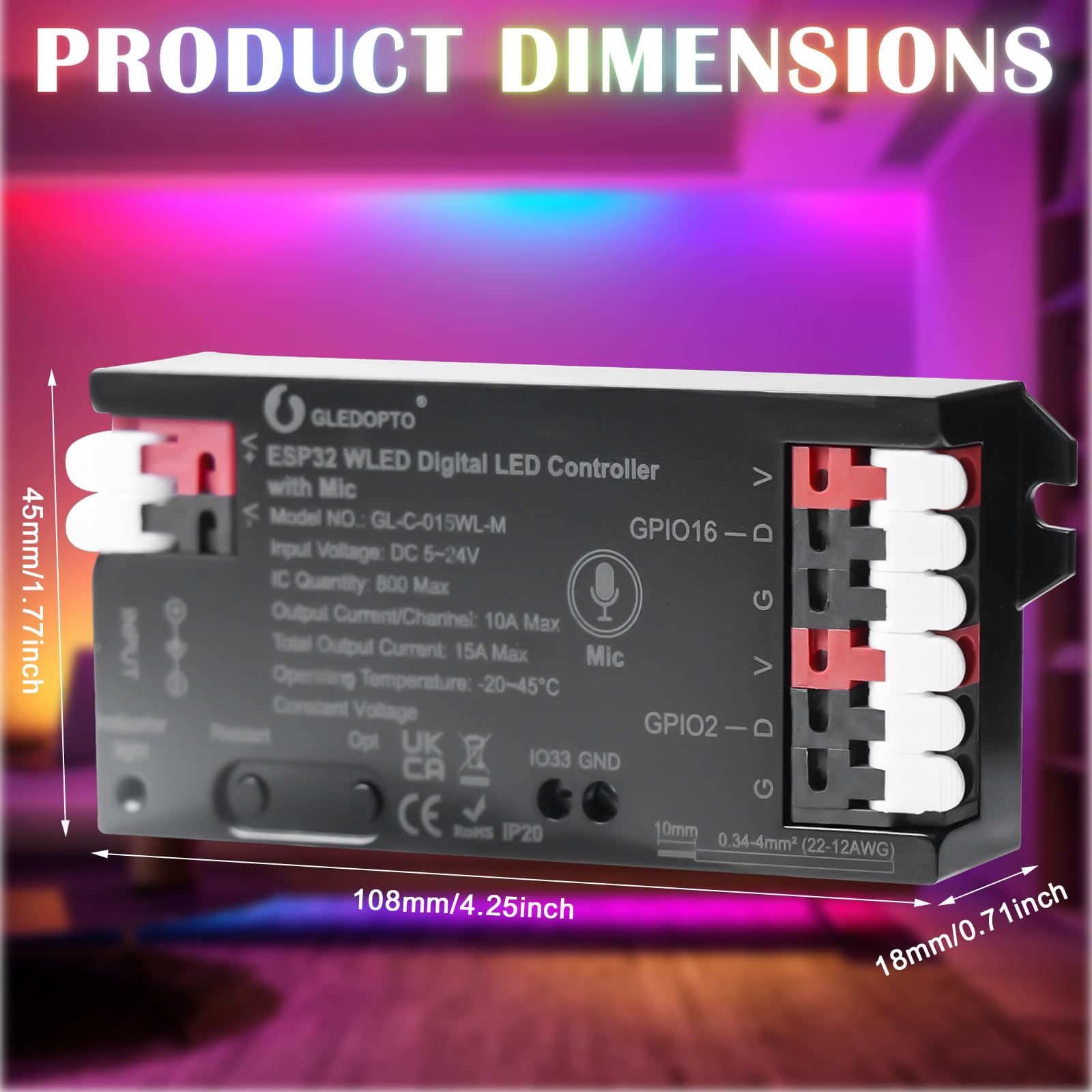 2 Stück WLED Controller mit Mikrofon, ESP32 DC 5V-24V Digital LED Strip Controller für Adressierbarer LED Streifen Digital RGB IC WS2811 WS2812B SK6812 WS2815 RGBW Addressierbarer FCOB LED-Strip
