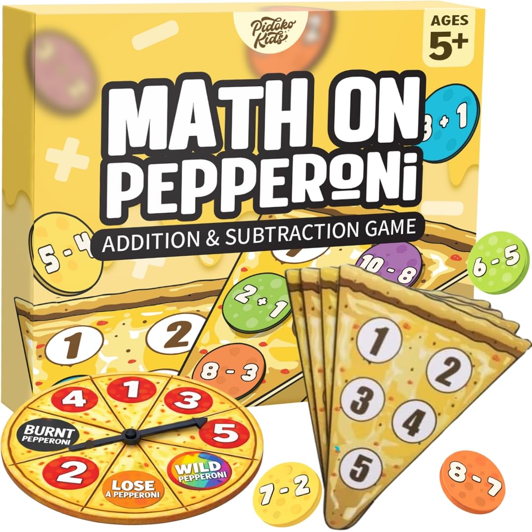 Matheroni Pepperoni Math Board Game - Addition & Subtraction for Kids Ages 5-8, Hunt & Solve Pepperonis - Pizza Themed Fun & Educational STEM Game, by Pidoko Kids
