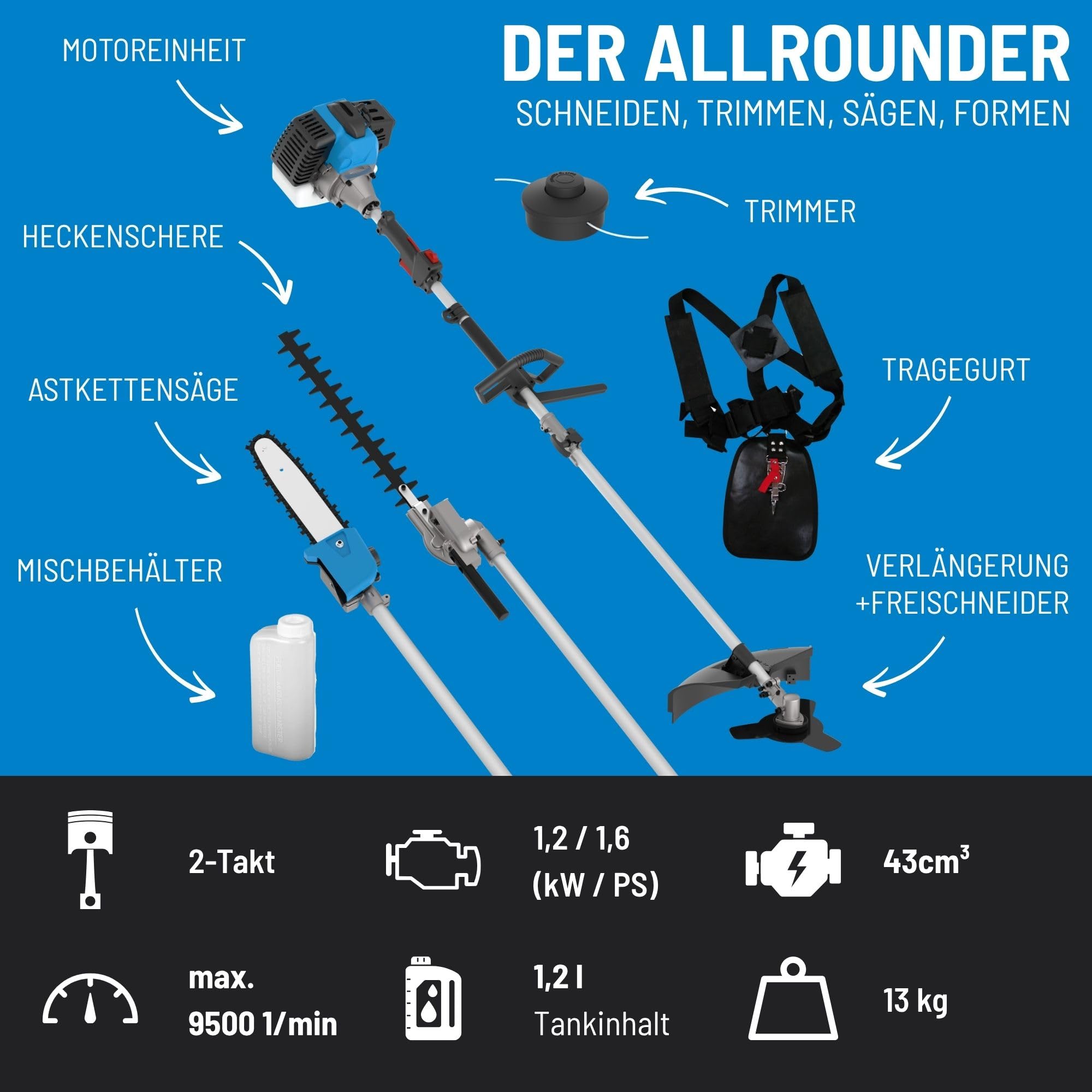 Güde Gartenpflege-Set GPS 1001 4in1 (2-Takt-Motor 1,2/1,6 (kW/PS), Astkettensäge mit Oregon Schwert & Kette/Freischneider/Trimmer/Heckenschere in einem, inkl. Verlängerung, Mischbehälter & Tragegurt)