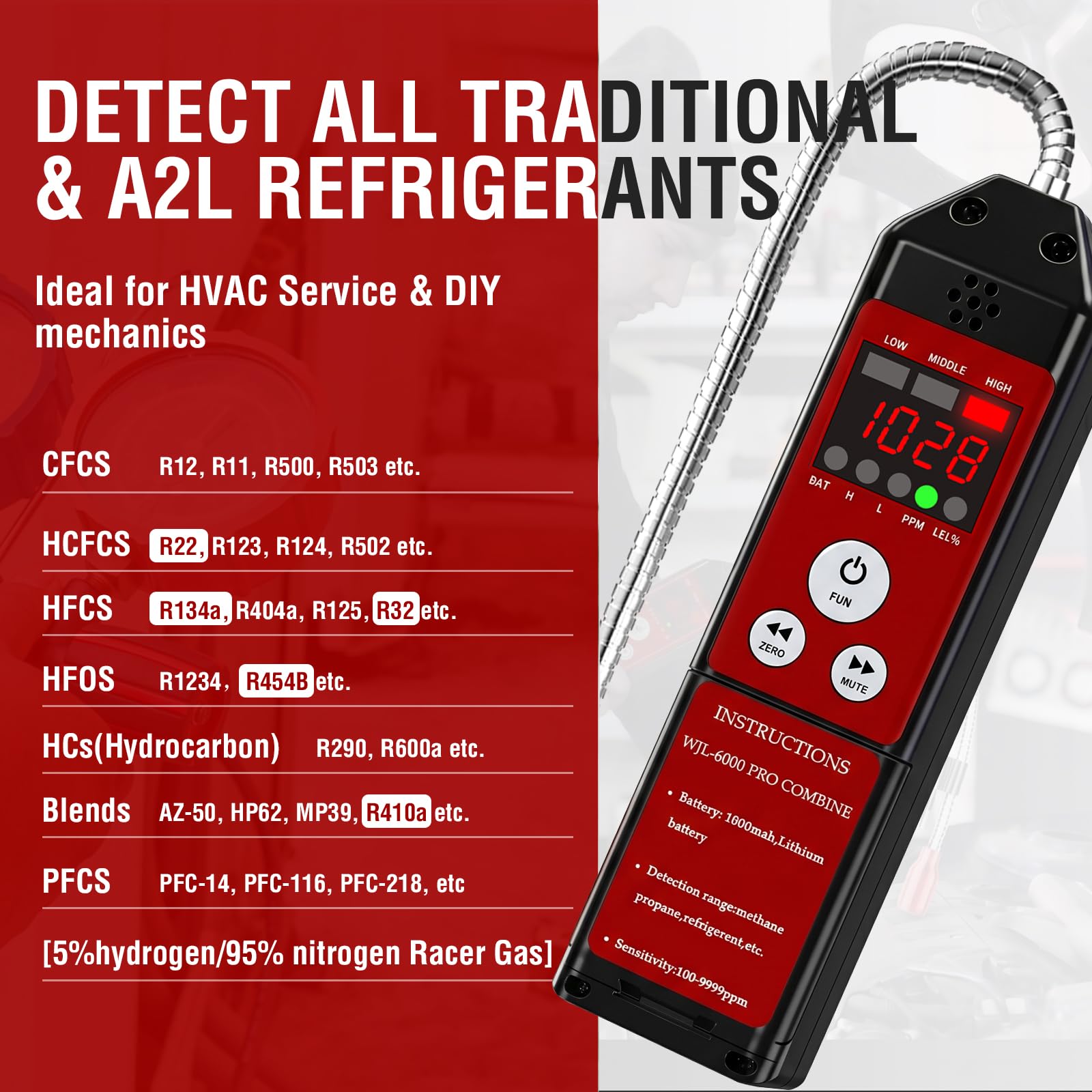 WJL-6000PRO COMBINE Rilevatore di perdite di refrigerante, combina rilevatore di perdite di gas freon e combustibile con allarme forte, batteria ricaricabile da 1800 mAh, PPM LEL% Diaplay per propano
