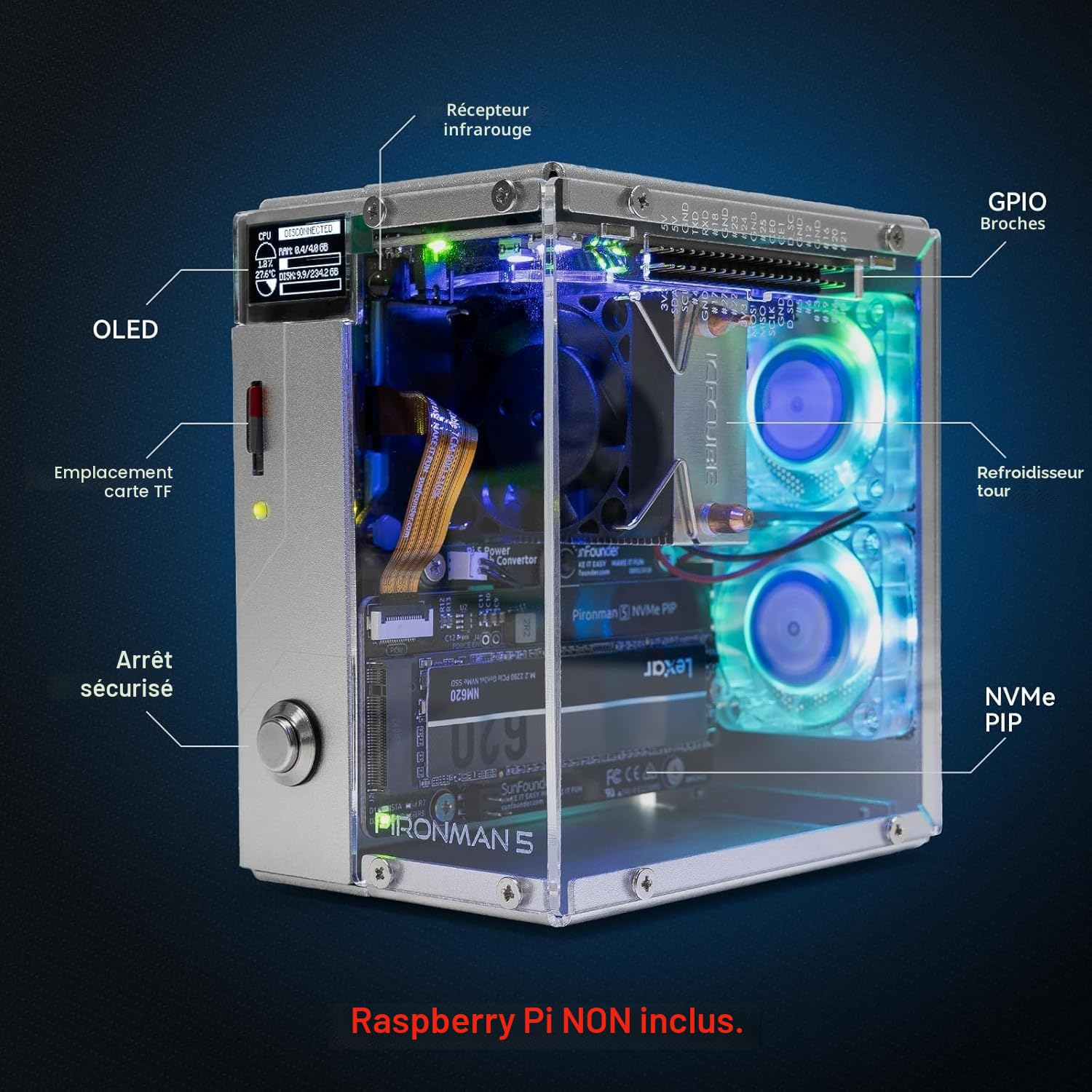 Pironman 5 boîtier Mini PC NVMe M.2 SSD PCIe 2.0/3.0 pour Raspberry Pi 5 Hailo-8L, agent IA OpenClaw, refroidissement tour + double ventilateurs RGB, module OLED 0,96", arrêt sécurisé, HDMI, effet RGB