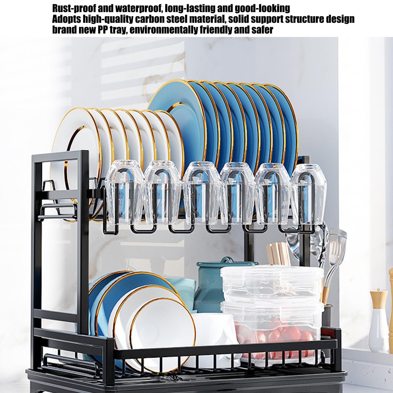 Estante para platos de cocina, estante para secar platos para cocina | Soporte para platos de encimera con diseño de doble capa para tazas, platos pequeños,