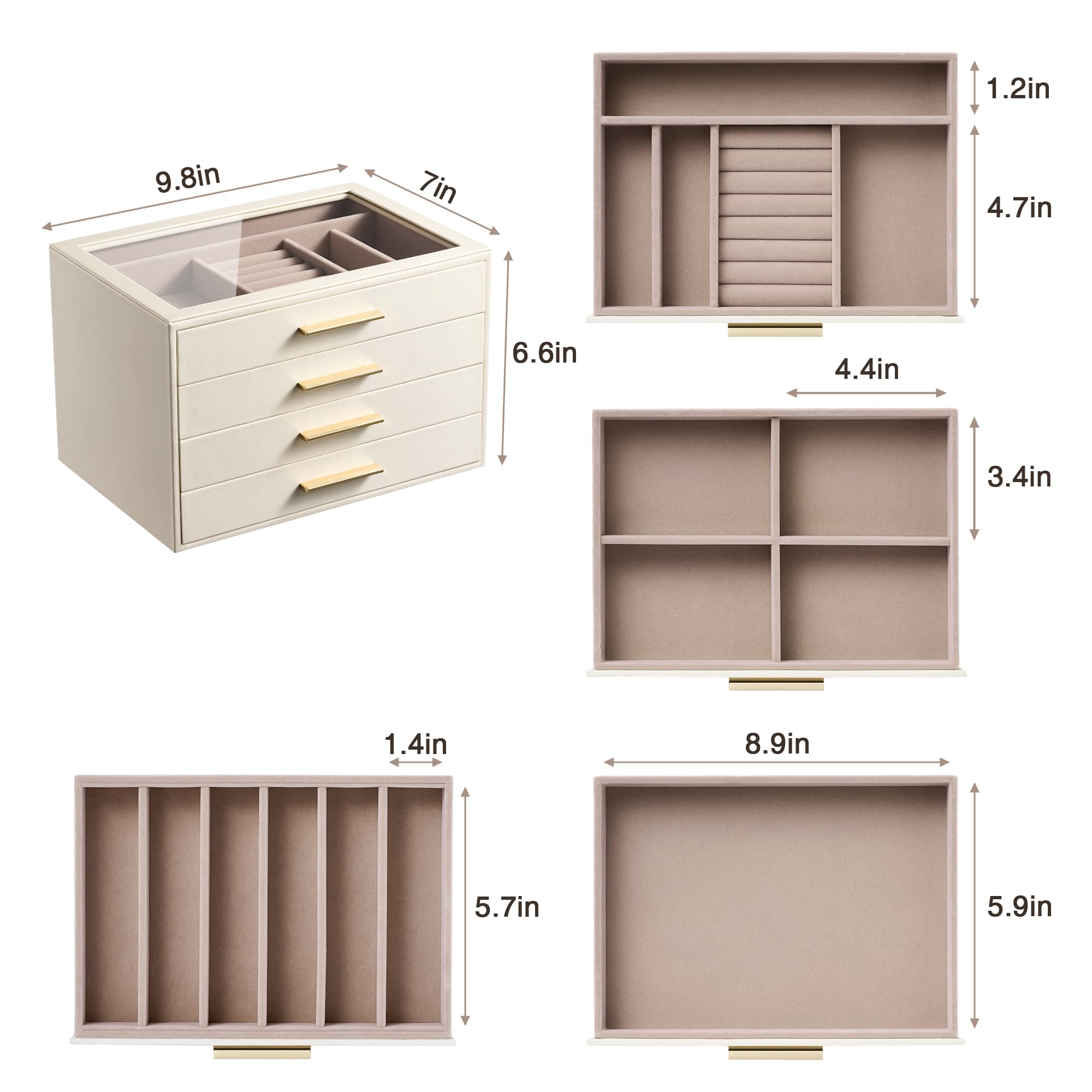 Joyero Organizador para con Ventana de Cristal, Caja Guardajoyas de 4 Capas | Cuero Blanco Marfil y Terciopelo Rosa - Estuche Organizador de Joyas para Anillos, Pendientes, Collares, Pulseras y Relojes,