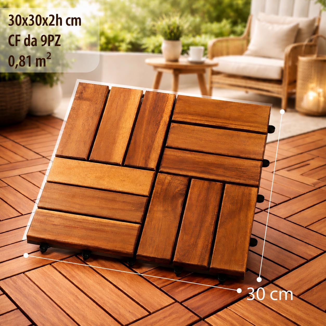 Set di Piastrelle in Legno di Acacia 30x30x2h cm - 12 Dogne Ciascuna, Pavimento Esterno, Giardino, Sistema a Incastro, per Terrazza, Patio, Resistente - Set da 36PZ