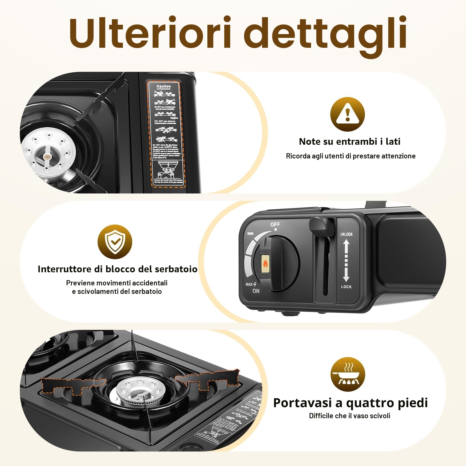 Fornello a gas da campeggio a 2 fuochi, fornello da campeggio con accensione piezoelettrica e serratura di sicurezza, fornello a doppio gas con ciotola e valigetta per barbecue all'aperto