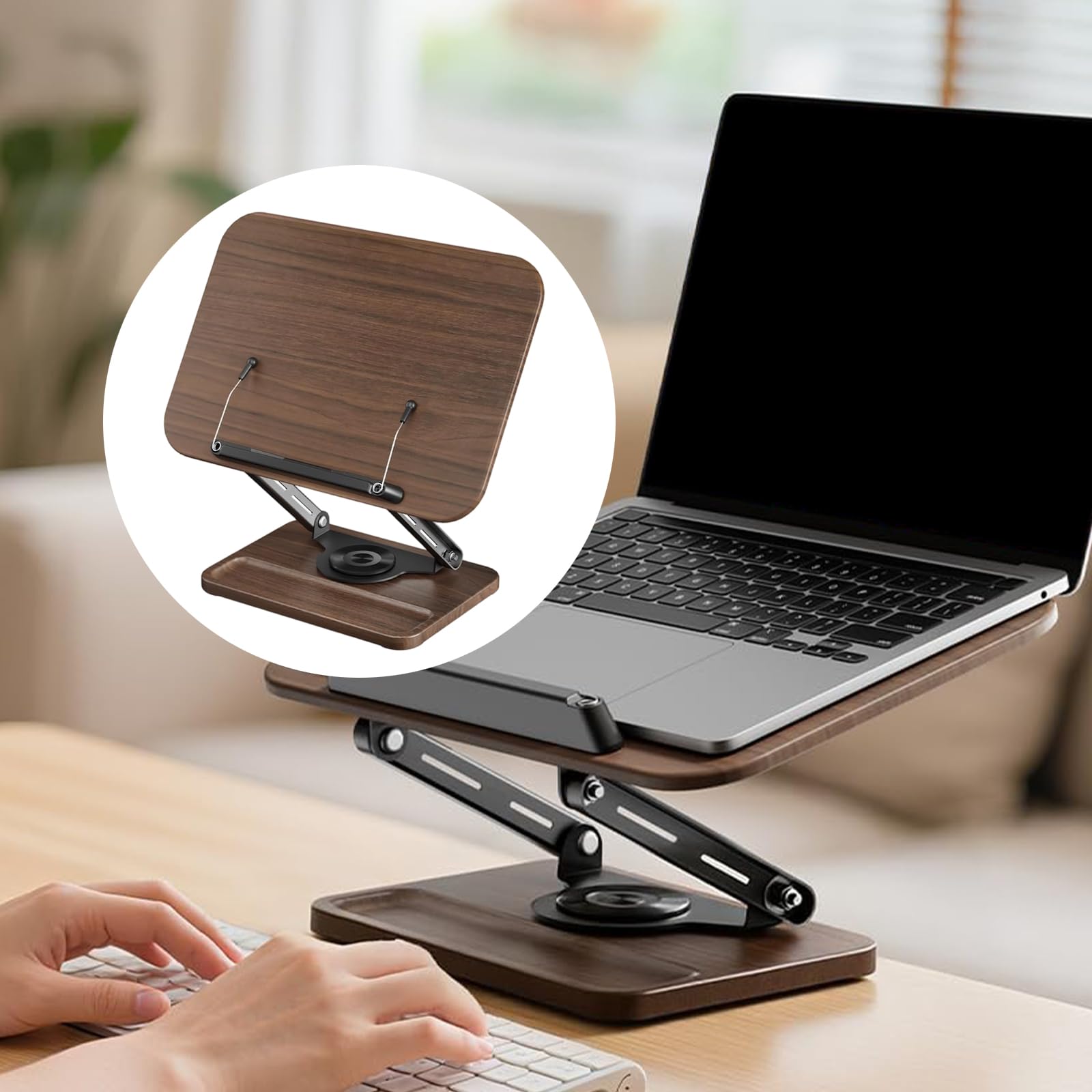 Support de livre réglable pour étude et cuisine - Rotation lisse à 360° - Clip de page extensible - Base en bois robuste - Rangement miniature réglable et ergonomique