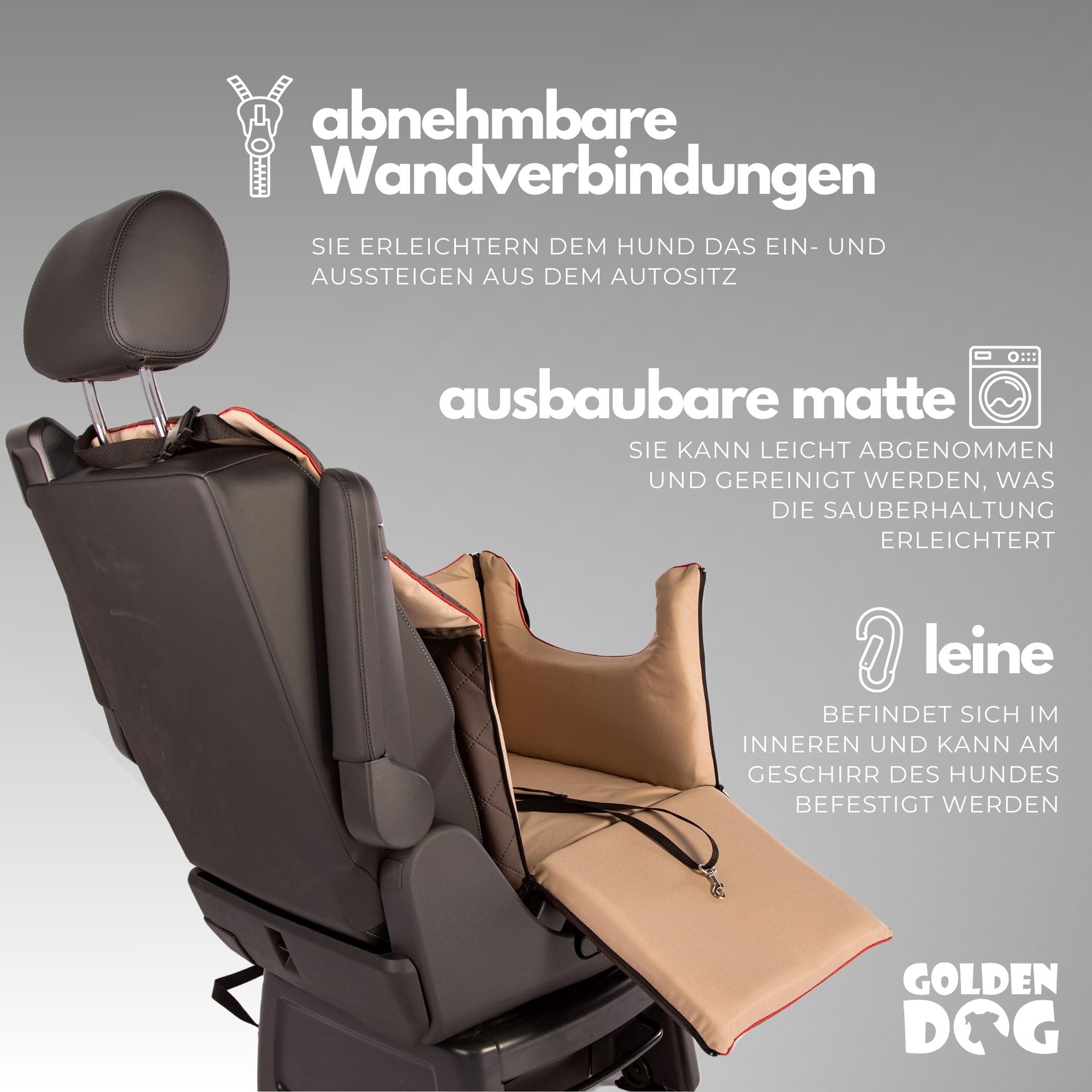 Golden Dog - Transportín para perro con cinturón de seguridad M-52 x 44 x 33 cm - Piel sintética para asiento de coche para perro, resistente al agua, asiento del copiloto, caja para perros, plegable,