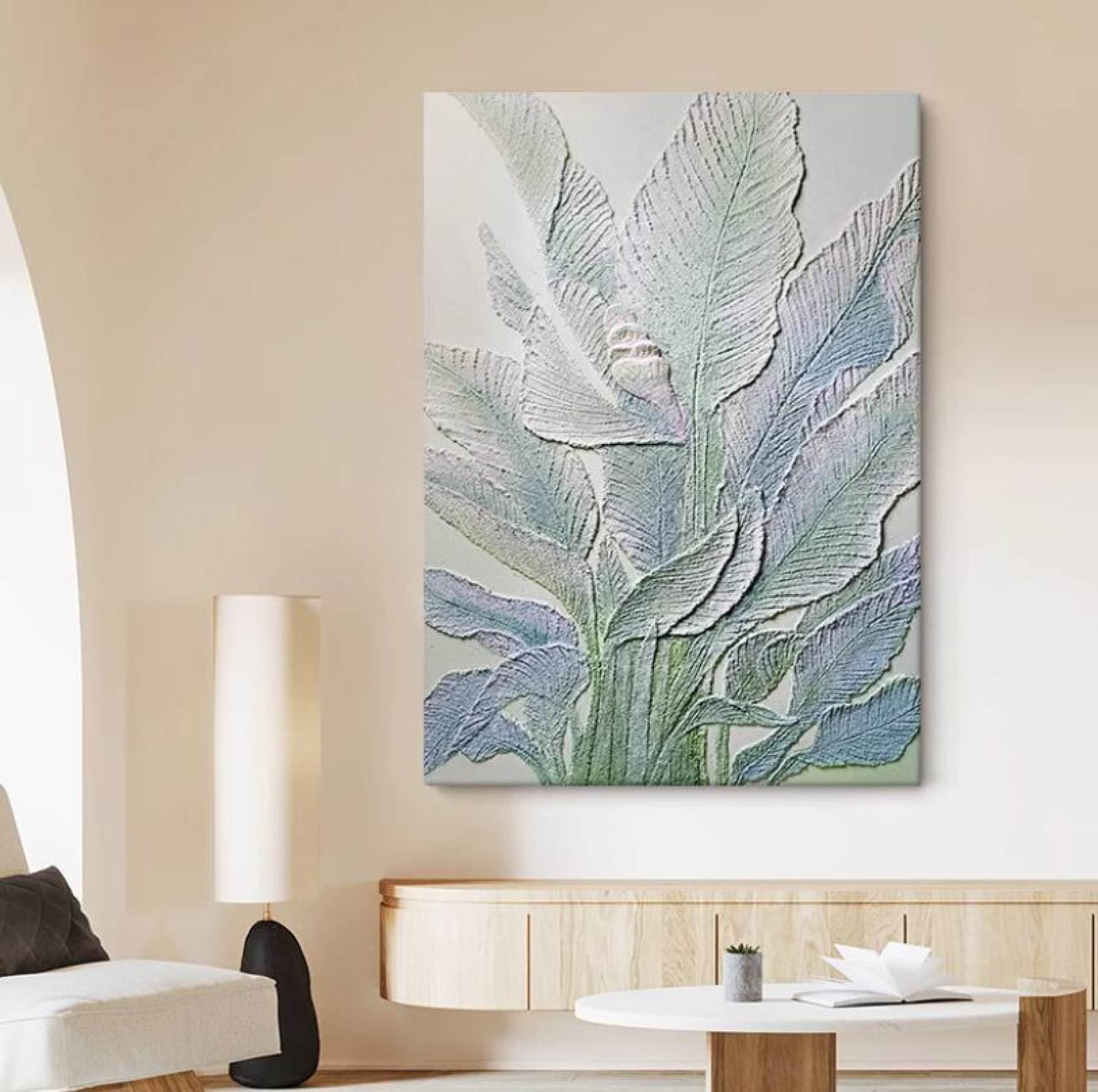 Peinture à l'huile peinte à la main grand format avec texture de feuille de bananier pour salon