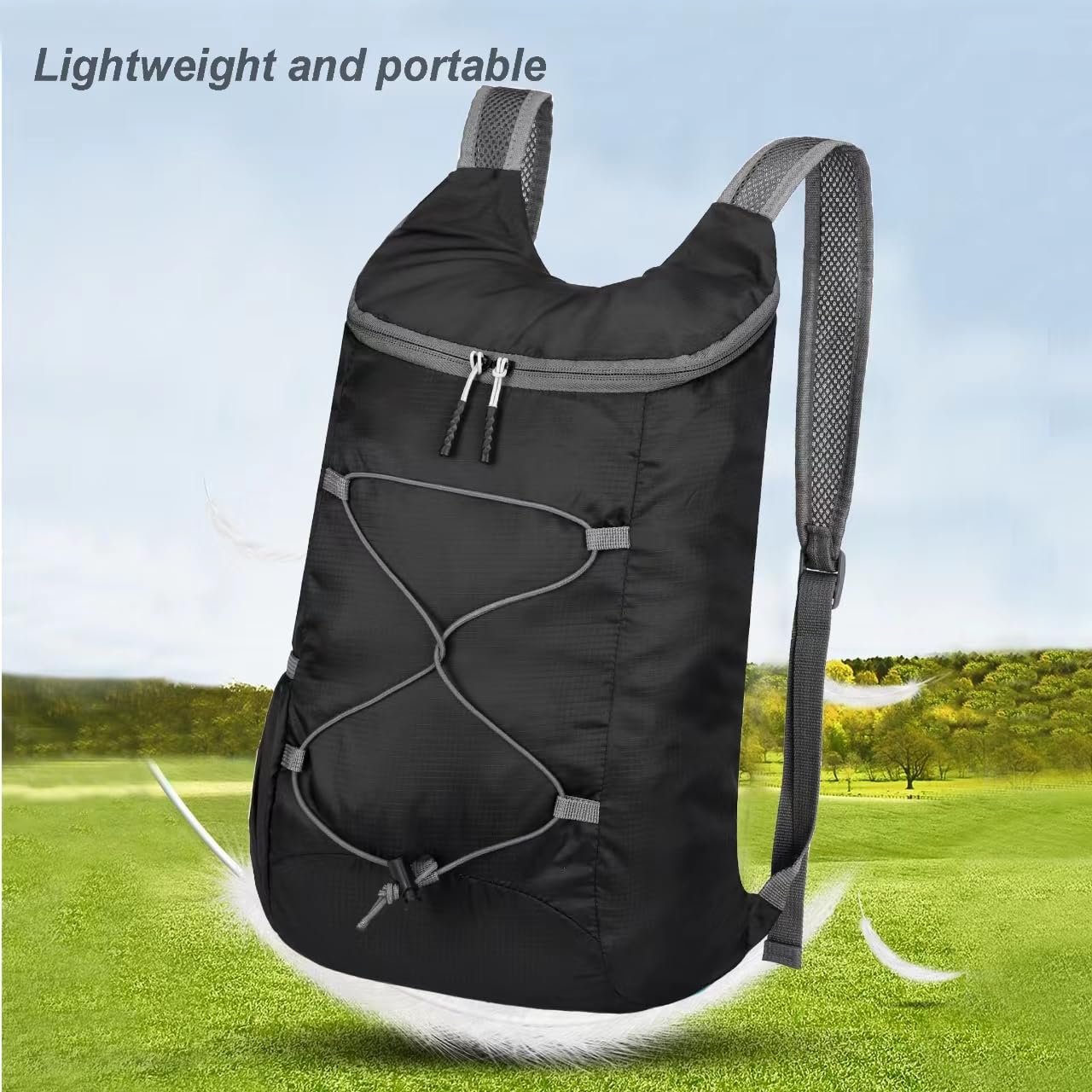 Mochila de senderismo plegable ligera de 16L para viajes, resistente al agua, bolsa de gimnasio para hombres y mujeres, Negro y gris, Pequeño, Ligero, plegable 7