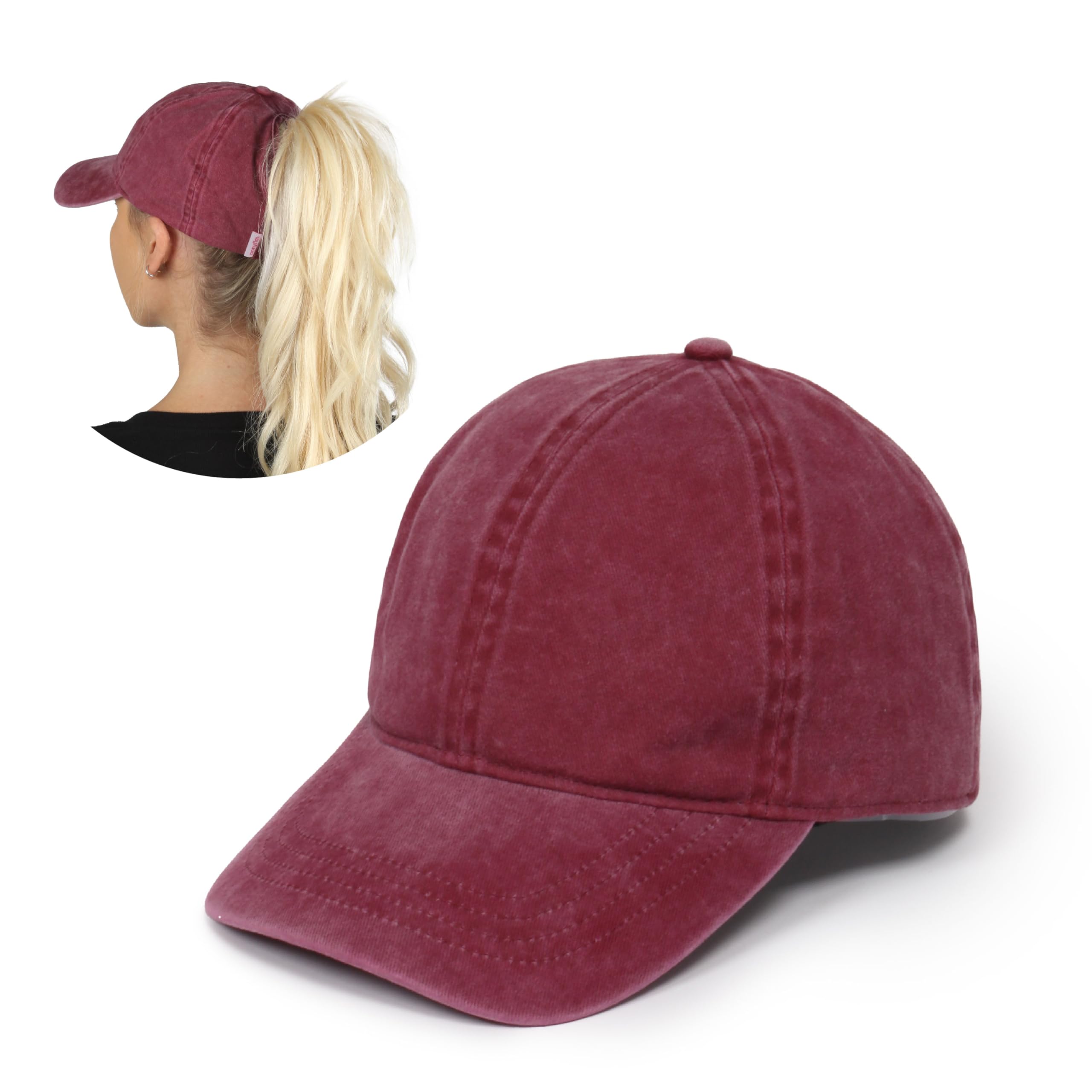 PonyfloCotton Ponytail Hat (Jessie Burgundy) - Ponytail Caps for Women, Designed for Curly Hair, Curly Hair Ponytail Hat, Womens Baseball Caps Specifically Fit for Curly Hair