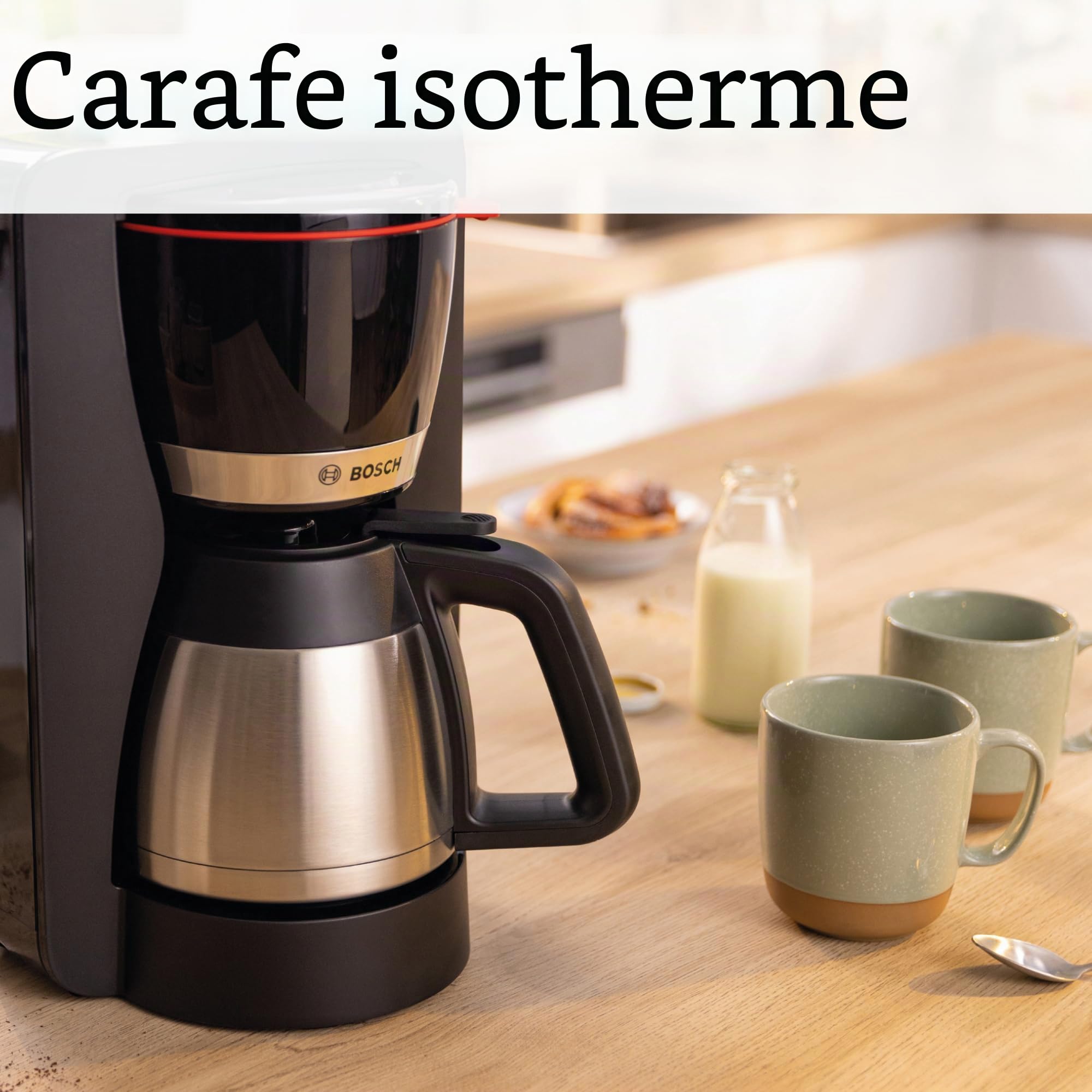 Bosch, machine à café filtre,MyMoment,réservoir d'eau amovible,verseuse isotherme en acier inoxydable à double paroi,arrêt automatique,AromaPlus, fonction Anti-Goutte, détartrage facile,noir,TKA6M273