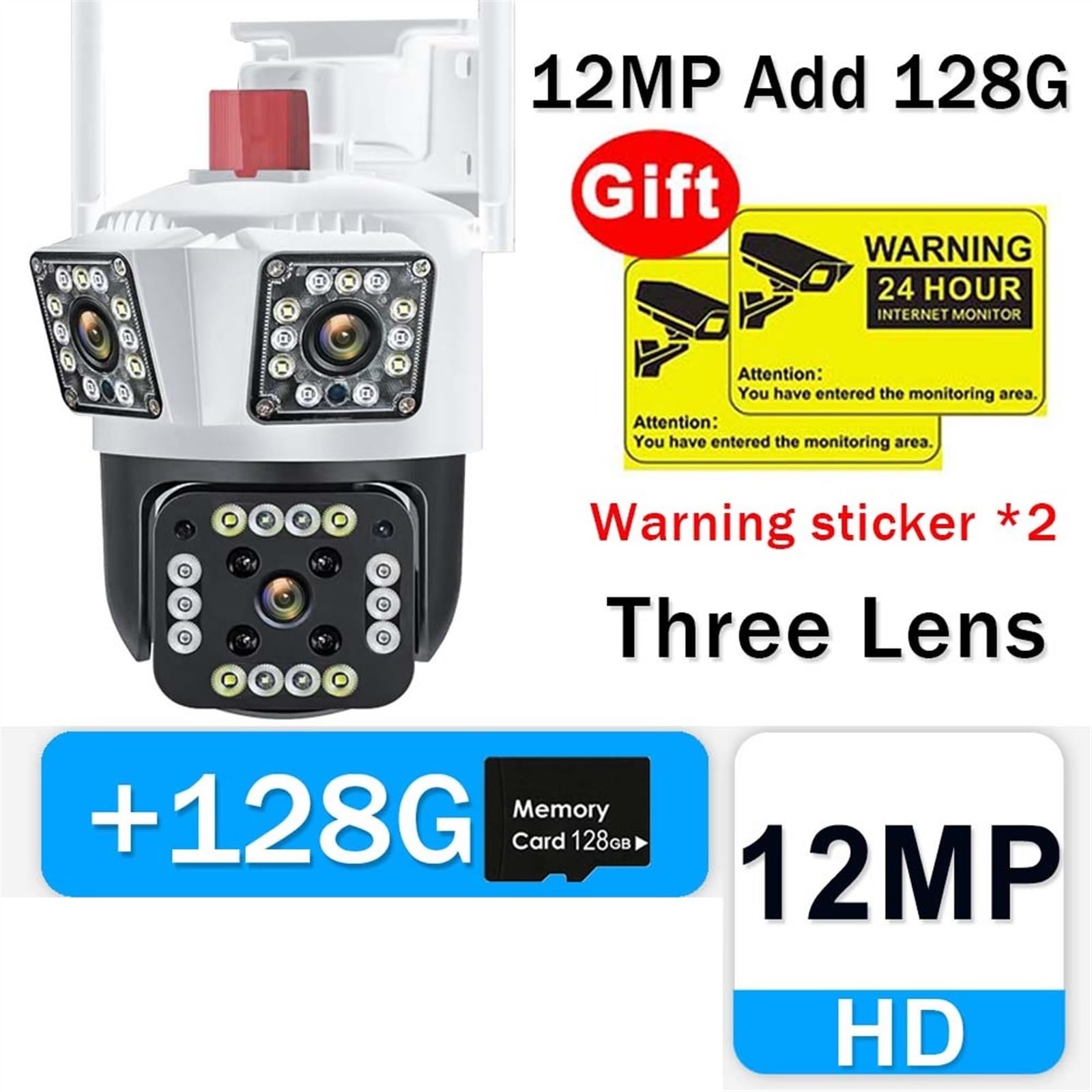 Telecamera di sicurezza, 6K 12MP Telecamera a tre obiettivi Zoom 8X Monitoraggio automatico 4K PTZ IP Cam Protezione di sicurezza sorveglianza CCTV esterna for la casa(6K 12MP Add 128G)