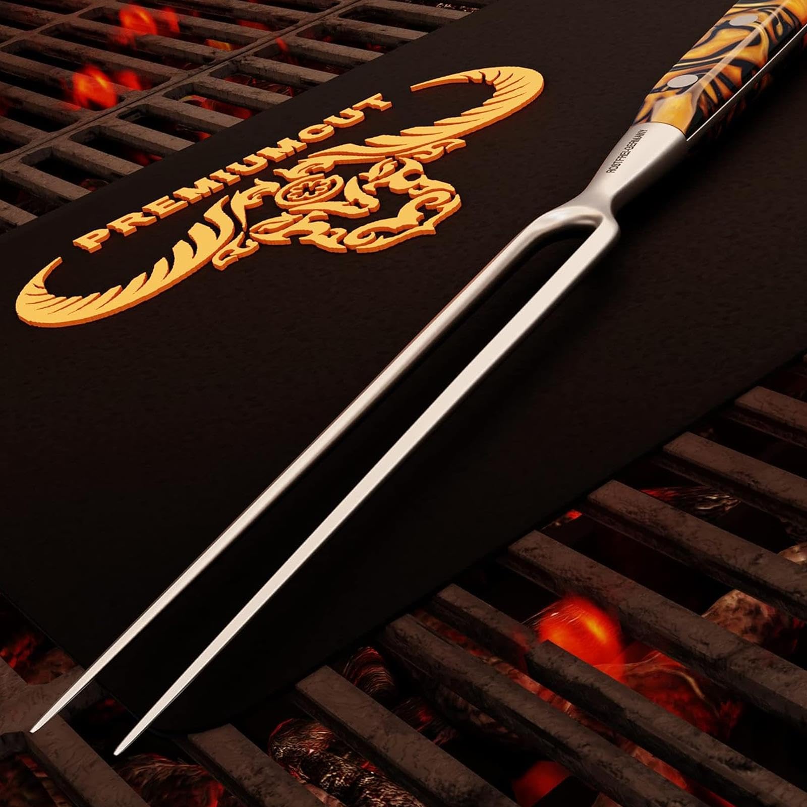 Giesser since 1776 - Made in Germany - Tenedor para trinchar, 21 cm, Spicy Orange, PremiumCut Fork No 1, mango de material acrílico, exótico, inoxidable, cuchiillo para parrilla alemán afilado