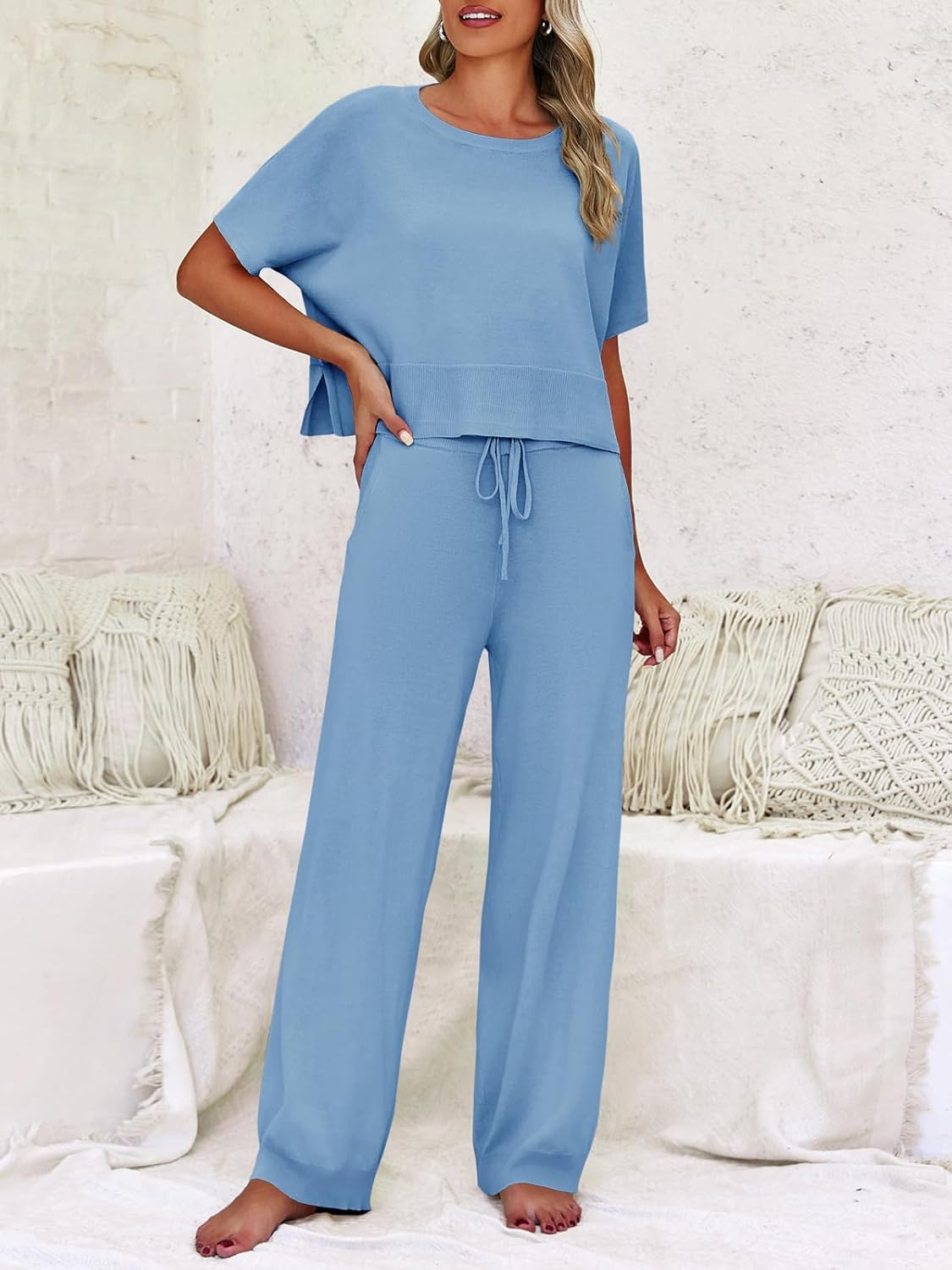 Fisoew Womens 2 Piece Outfits Sweater Sets Knit Split Crop Tops High Waisted Pants Lounge Set - Image 5