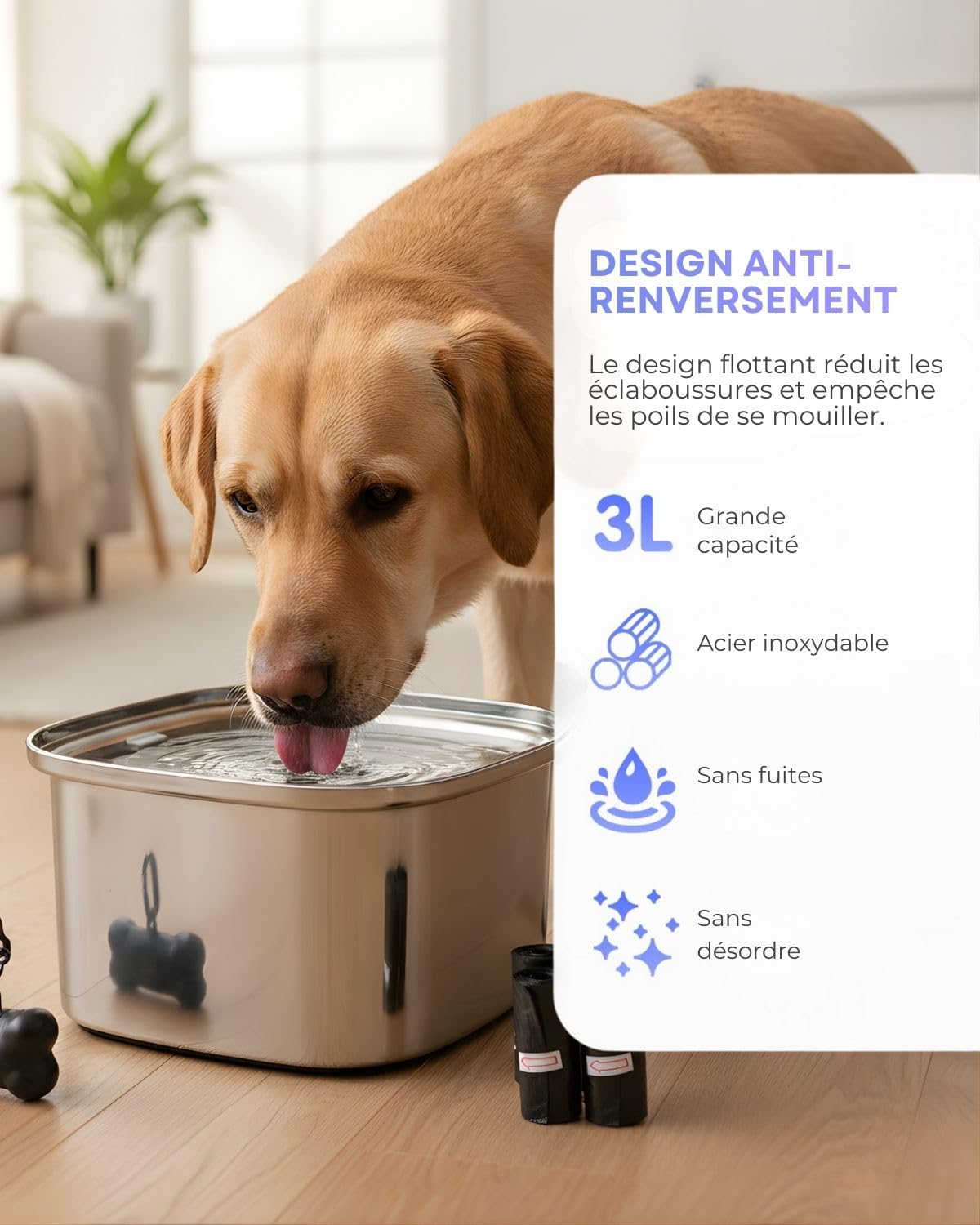 Gamelle pour Chien - Capacité 3L - Bol Anti Eclaboussure Débordement Renversement - - Gamelle Chien - Distributeur Sacs avec 4 Sacs Inclus