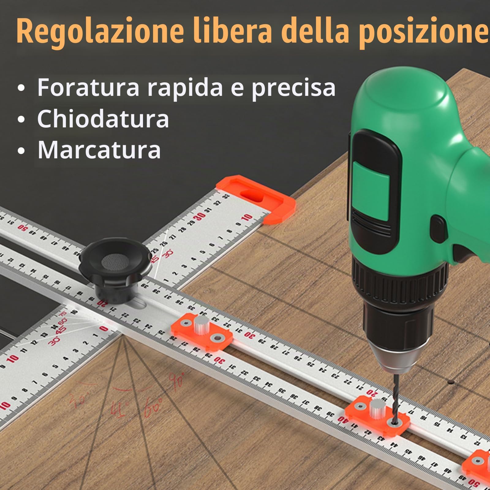 Righello Quadrato A T Di Posizionamento Del Trapano 4 In 1 - Angolo Di Alta Precisione Di 60 Cm Con Misurazione Scorrevole Regolabile
