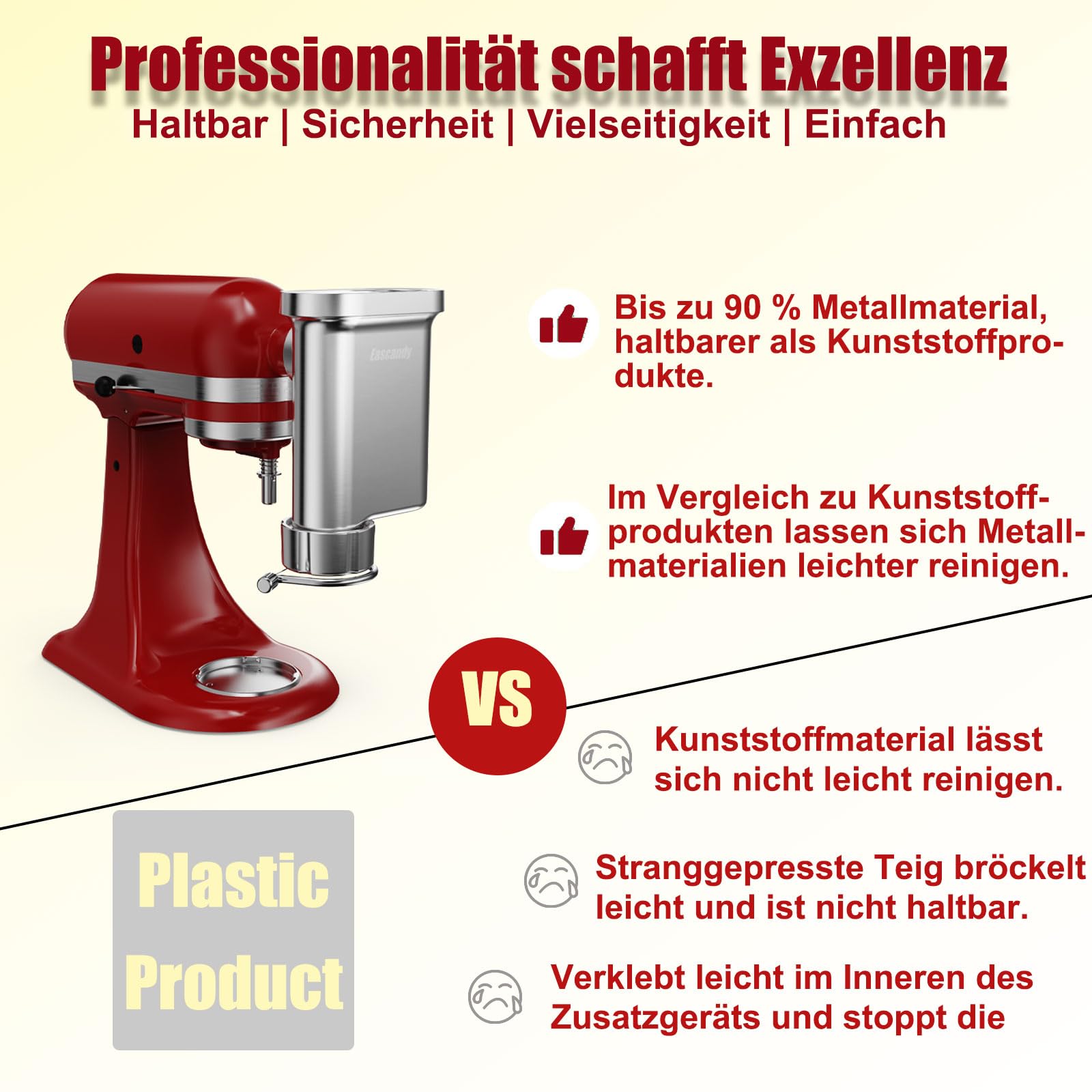 Eascandy Metall Gourmet Pasta Press Aufsatz für KitchenAid Standmixer - Langlebiger Metall Pasta Maker Aufsatz mit 5 austauschbaren Platten für frische hausgemachte Pasta