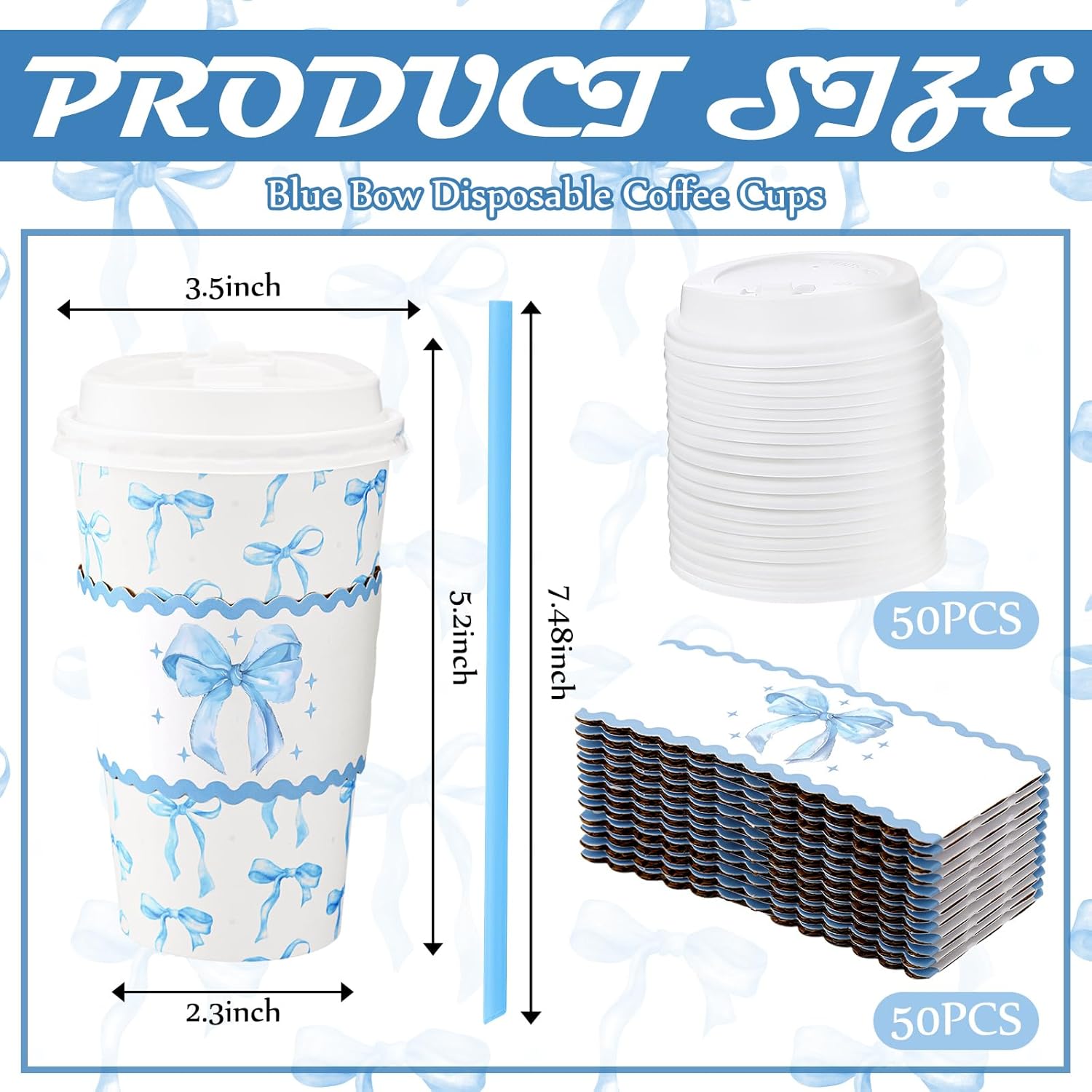 50 Set Bow Disposable Coffee Cups with Lid and Sleeves Hot Chocolate Drinking Cups for Valentine's Day Mother's Day Wedding Birthday Baby Shower Party Supplies(Blue Bow) - Image 2