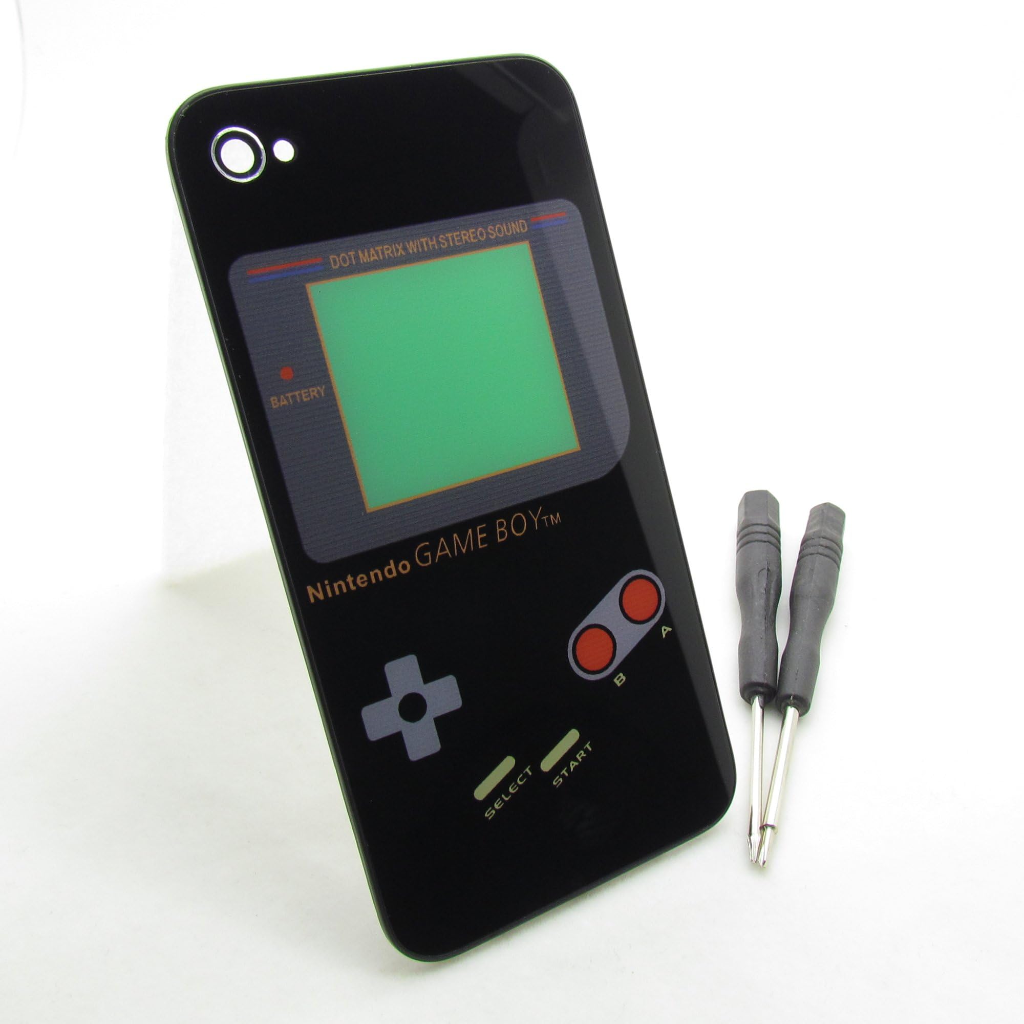 Black Game Boy Pattern Replacement Battery Cover,back Glass Housing,complete Rear Door w/ Free Tool and Camera Ring and Interior Frame for iphone 4s(not Fit Any iphone 4)