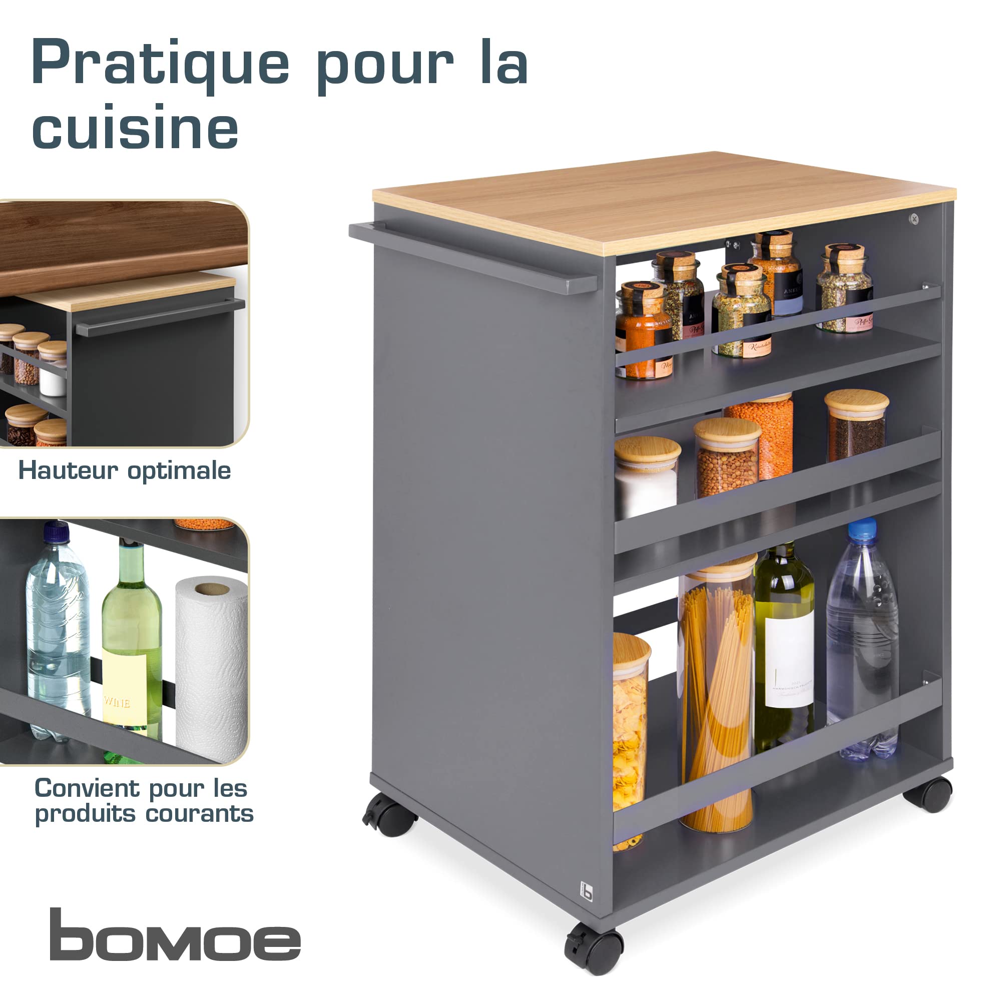 BOMOE Chariot de Rangement desserte à 4 roulettes avec 3 étagères et Plan | 50x79x38cm anthracite et chêne haute qualité étagère cuisine salle de bain Travail FSC service niche roulant Bengt
