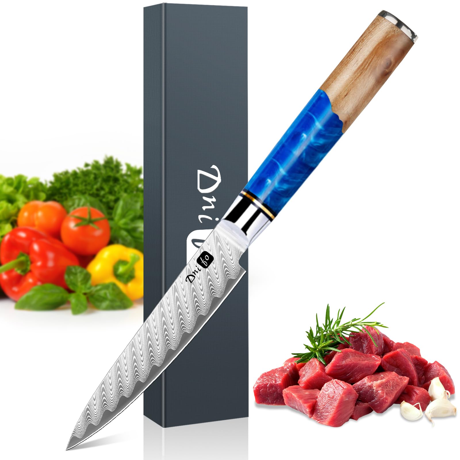 Kitchen Utility Knife 5 Inch, Japanese VG10 Steel Damascus Paring knife, Small Kitchen chef Knife with Gift Box and Resin Wood Handle, Ideal Birthday Gift for Men and Women