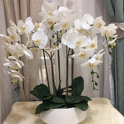 Miniatura 4 de HinyoCo 6 flores artificiales de Phalaenopsis de 32 pulgadas y 2 paquetes de hojas, 8 flores de orquídeas artificiales para decoración del hogar y